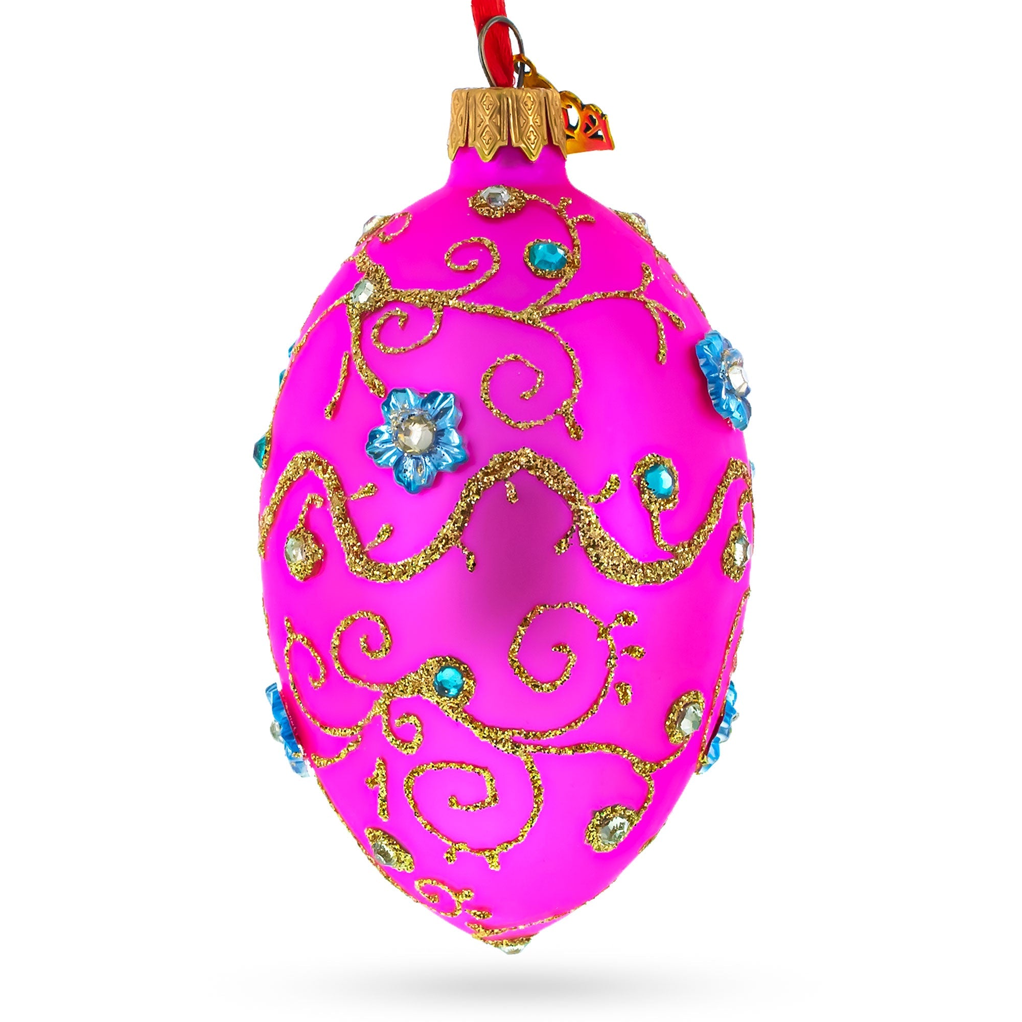 Diamond Flowers On Pink Glass Egg Christmas Ornament 4 Inches