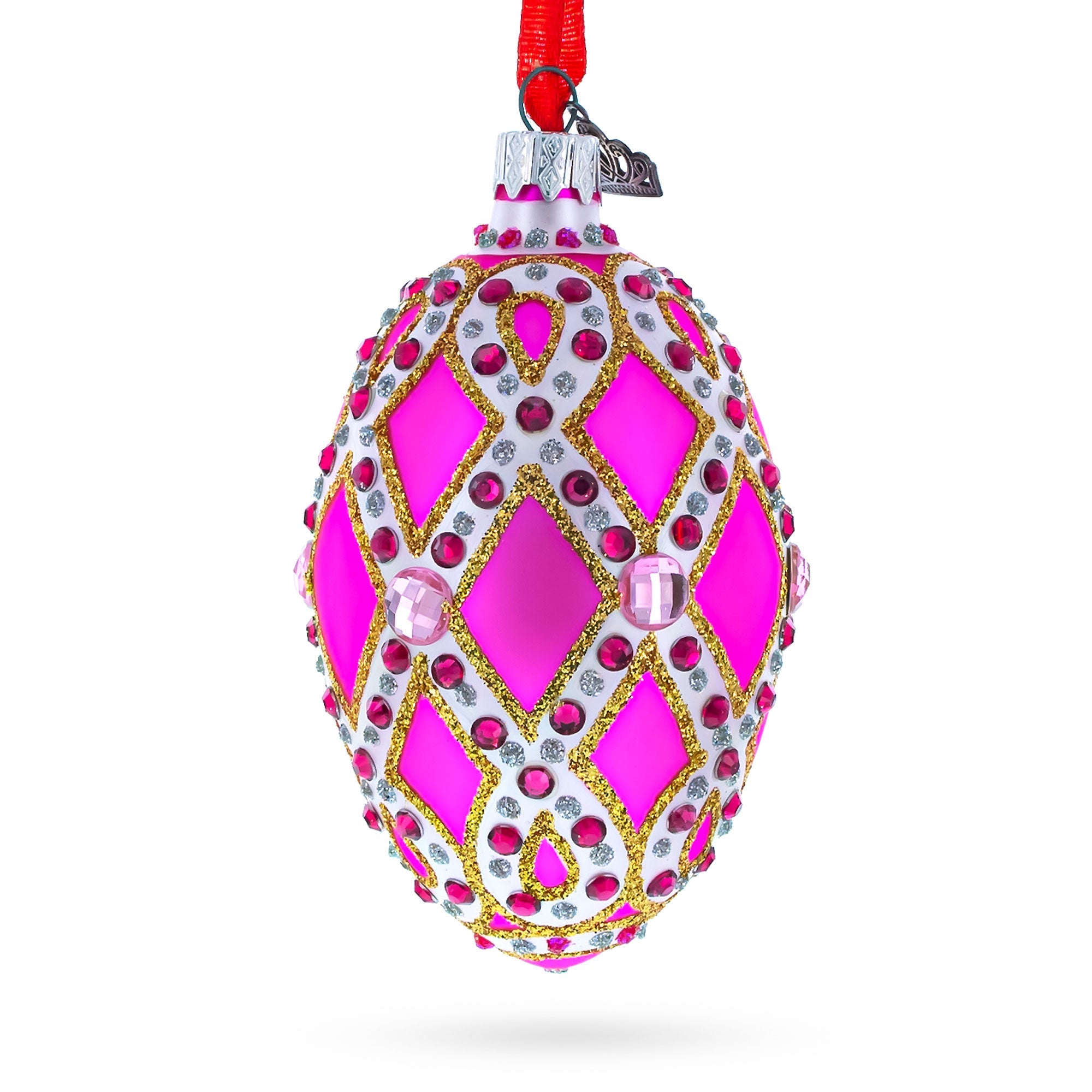 Bejeweled Trellis On Pink Glass Egg Christmas Ornament 4 Inches