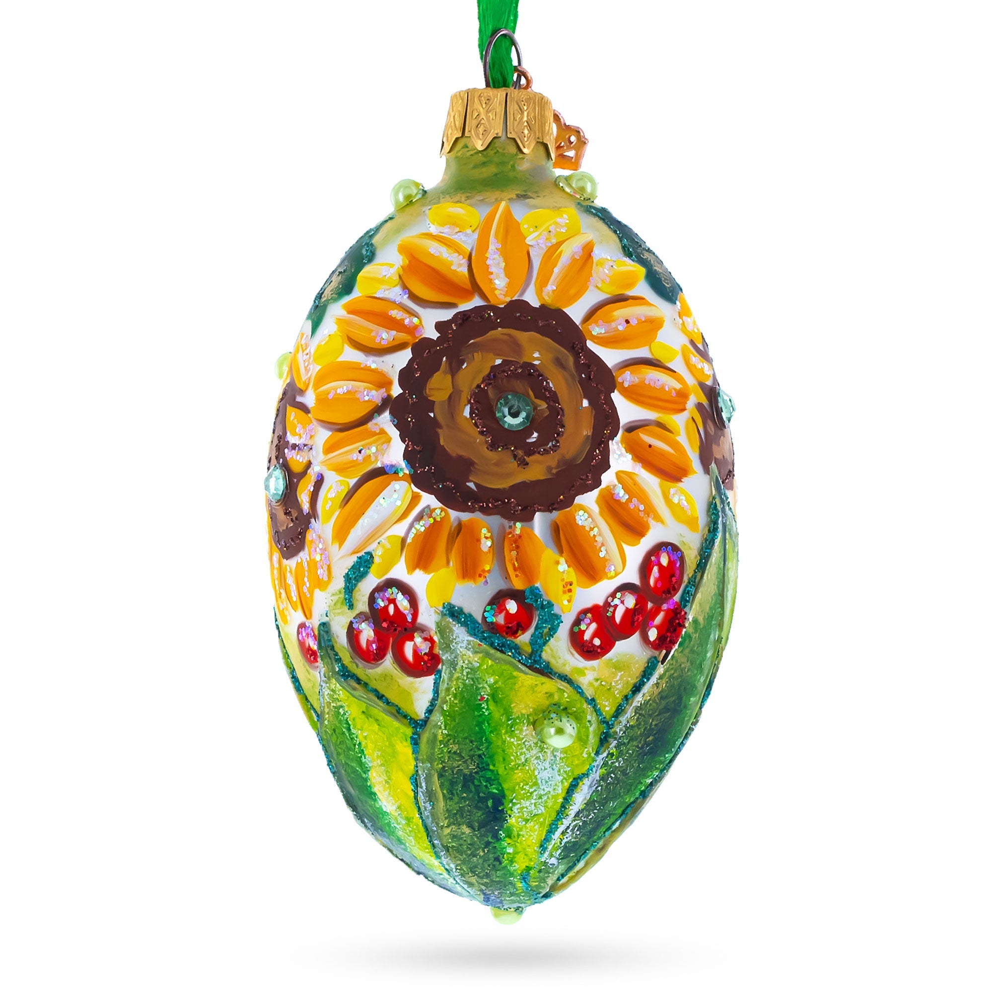 Sunflowers And Berries Glass Egg Ornament 4 Inches