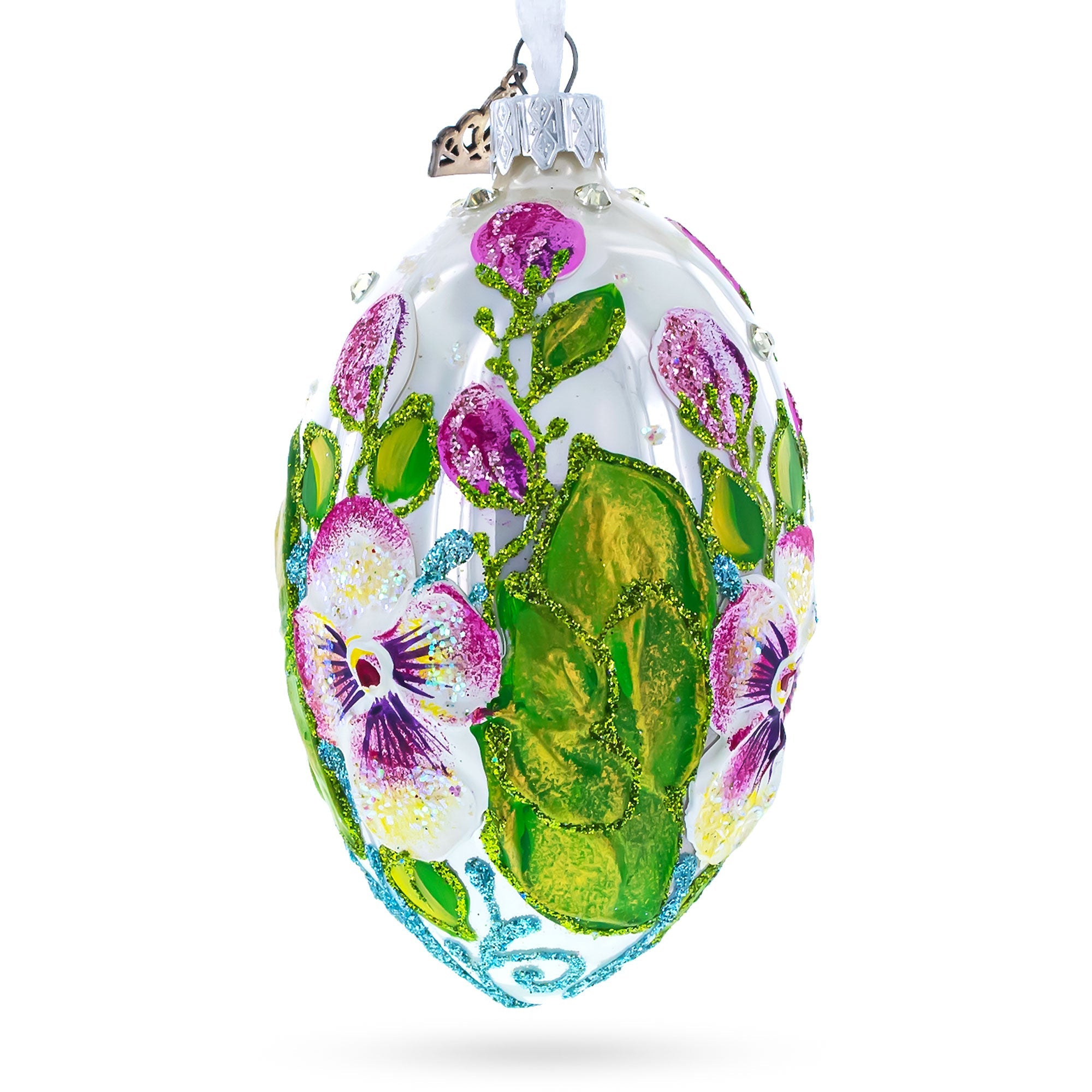 Flowers On White Glass Egg Ornament 4 Inches