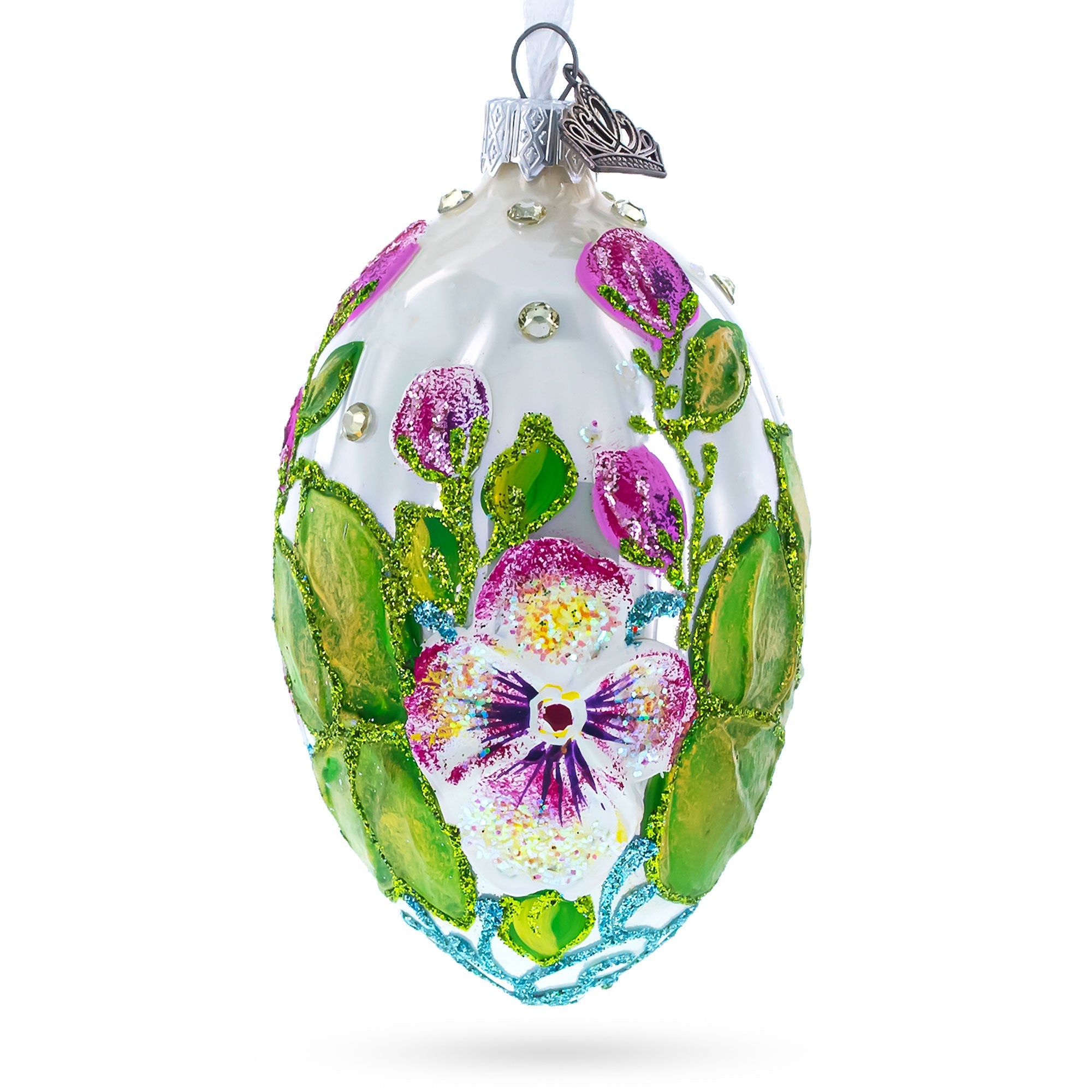 Flowers On White Glass Egg Ornament 4 Inches