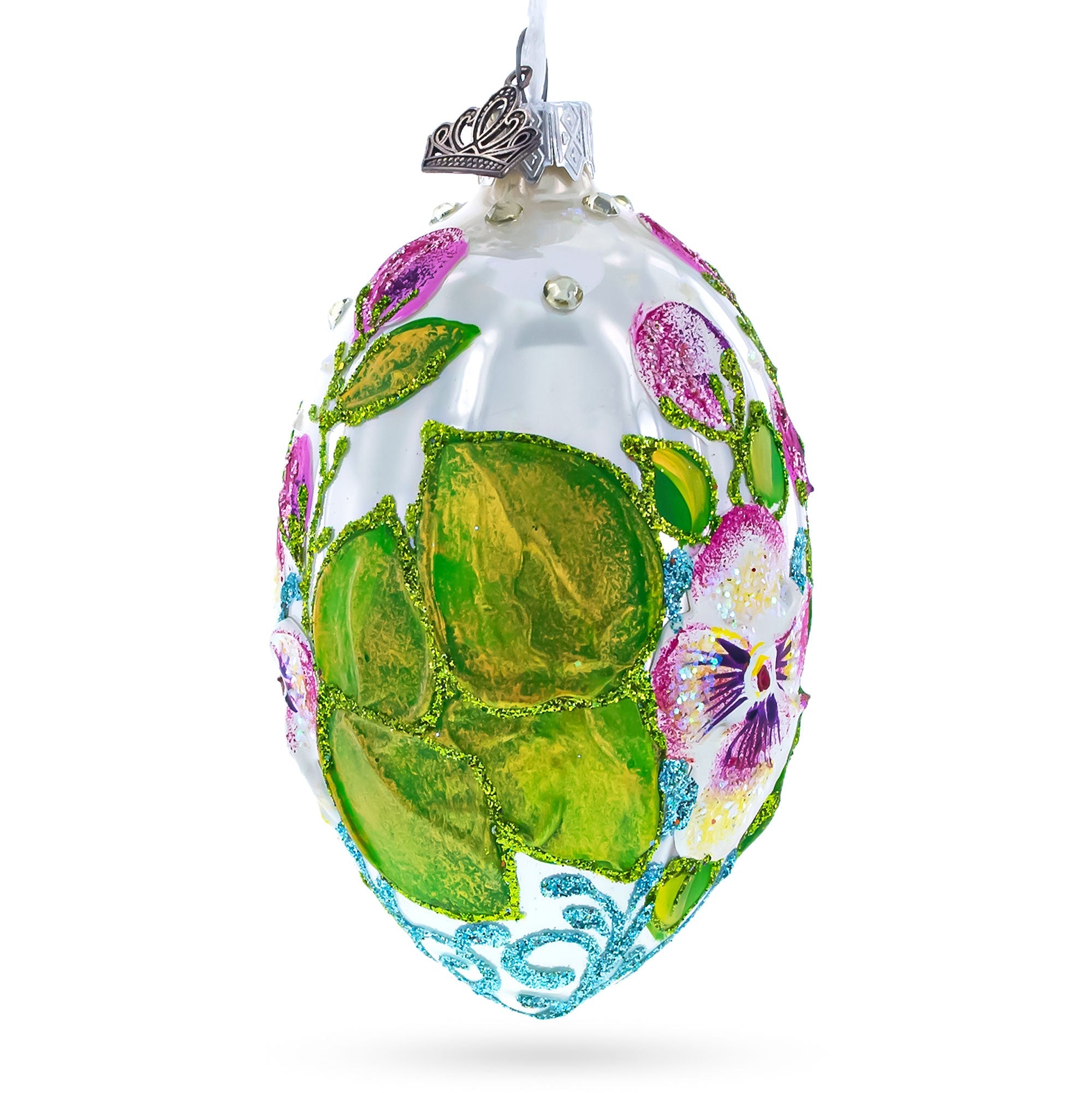 Flowers On White Glass Egg Ornament 4 Inches