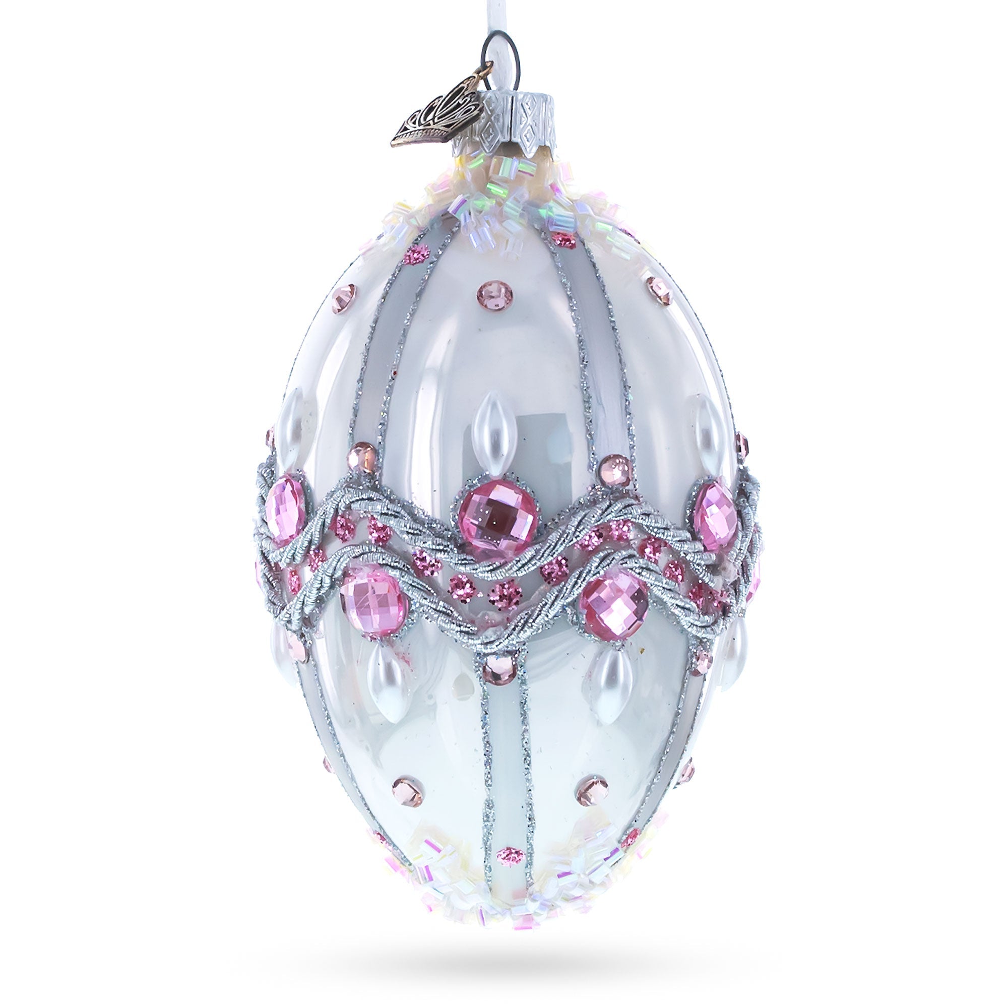 Pink Jewels On Striped Glass Egg Ornament 4 Inches