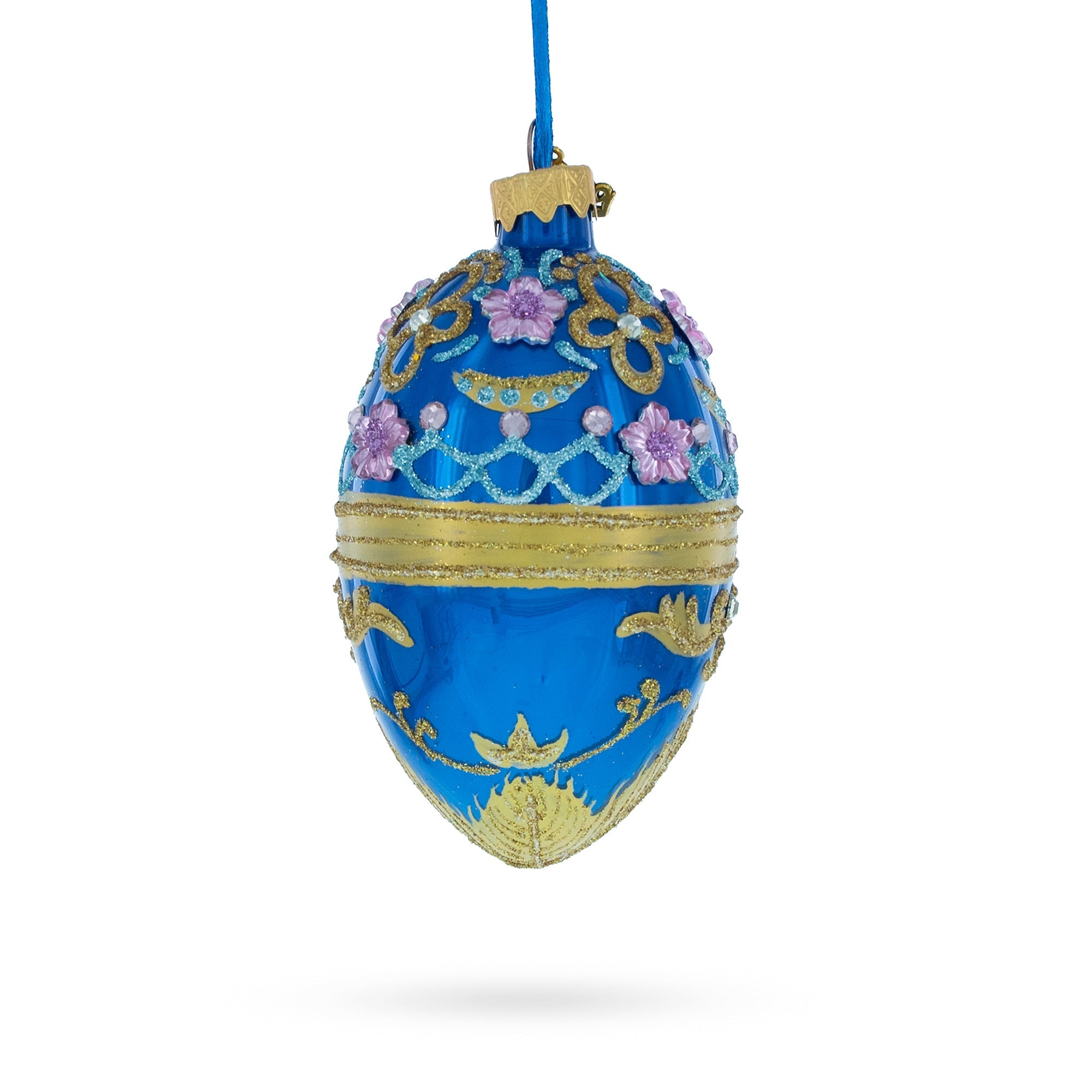 Flowers On Glossy Blue Glass Egg Christmas Ornament 4 Inches