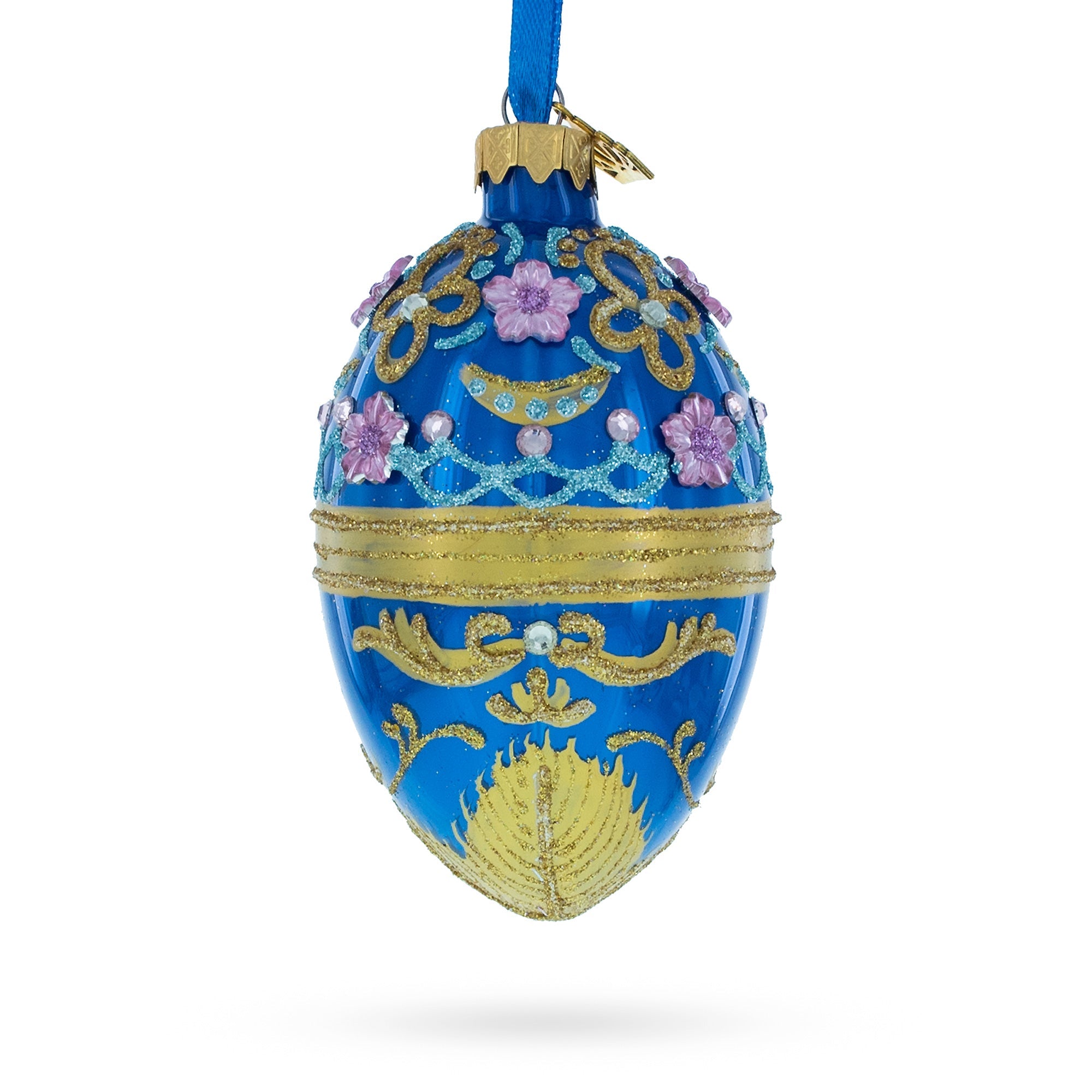 Flowers On Glossy Blue Glass Egg Christmas Ornament 4 Inches