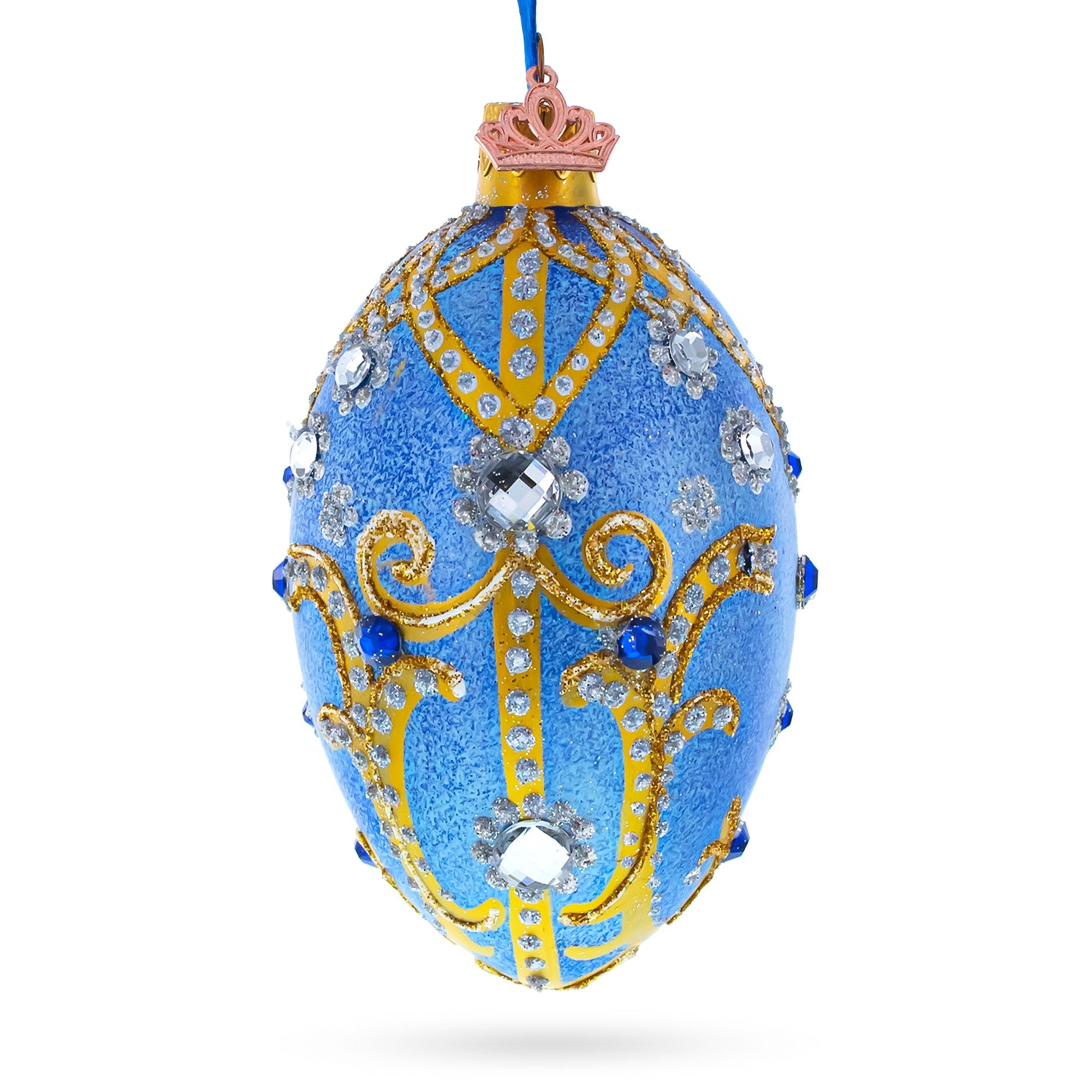 Jewels And Golden Scrolls On Glitter Blue Glass Egg Christmas Ornament 4 Inches