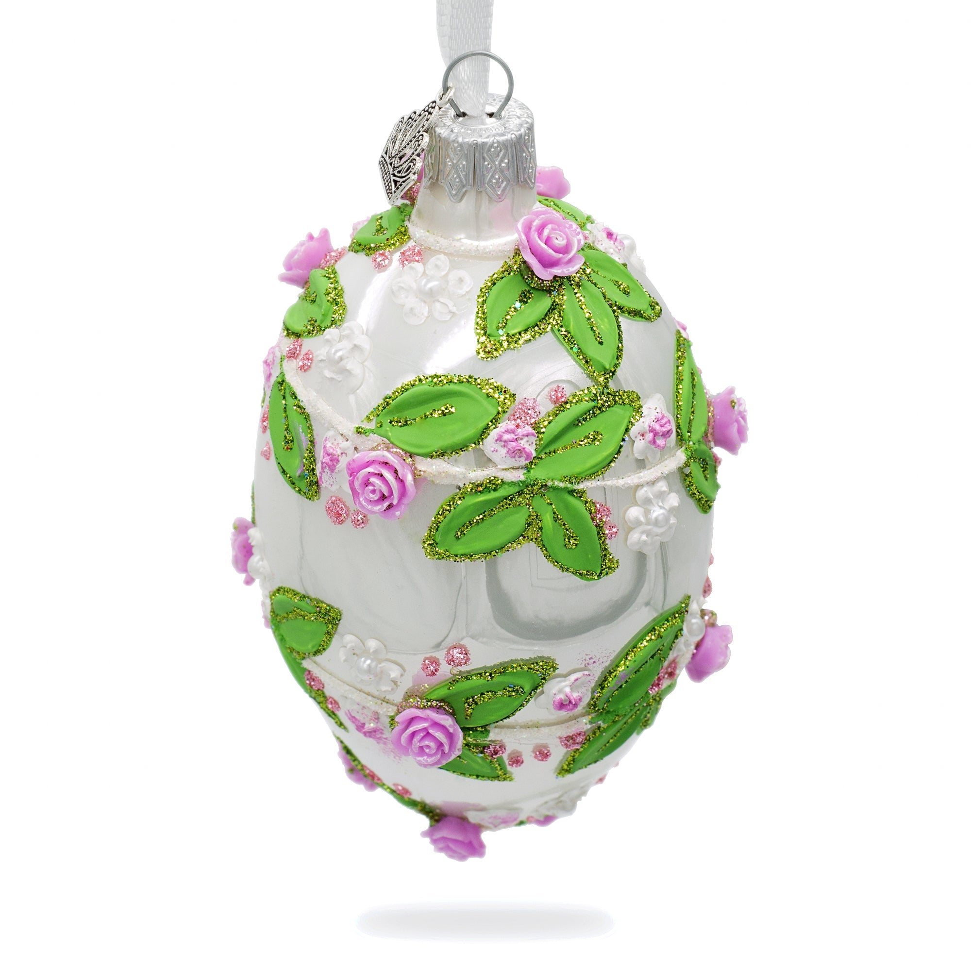 3d Roses In Silver Spiral Glass Egg Ornament 4 Inches