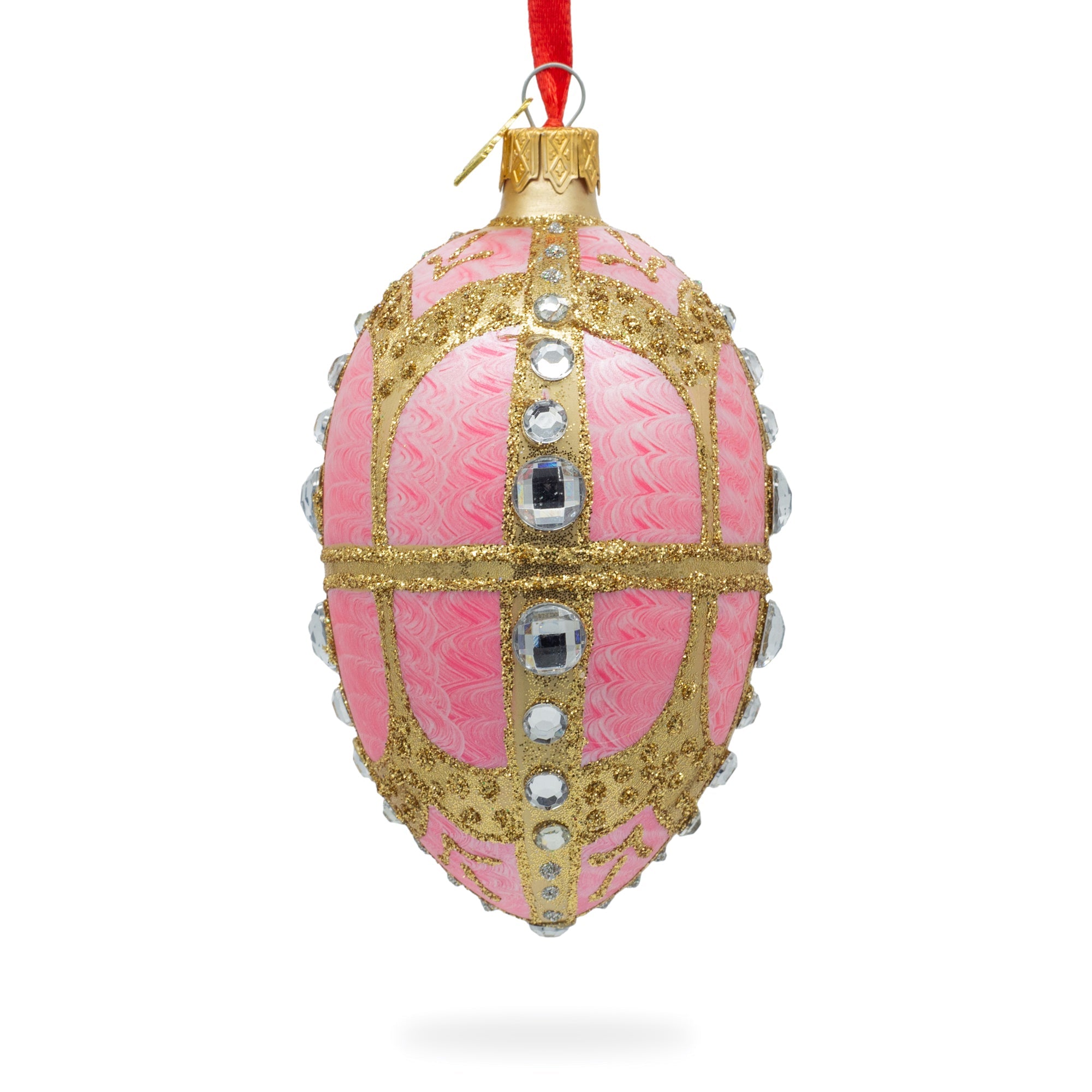 Diamonds On Gold And Pink Glass Egg Ornament 4 Inches