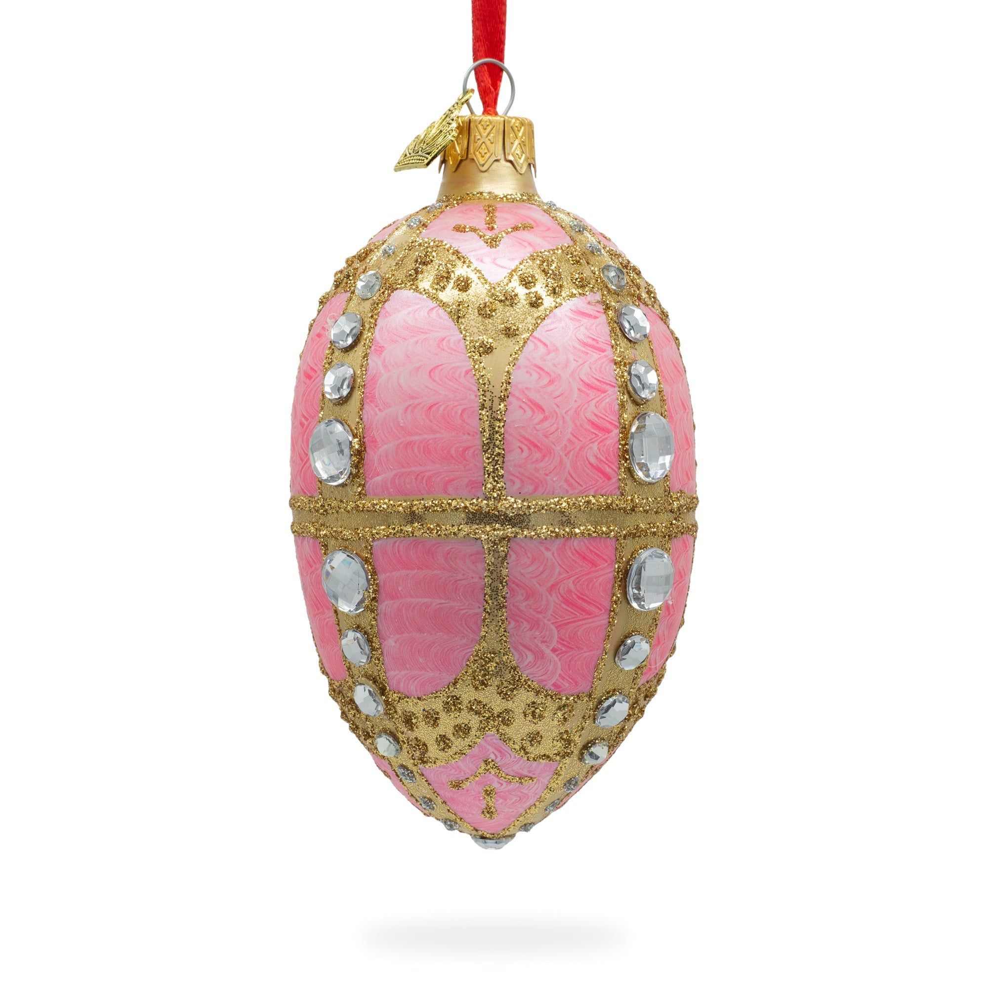 Diamonds On Gold And Pink Glass Egg Ornament 4 Inches