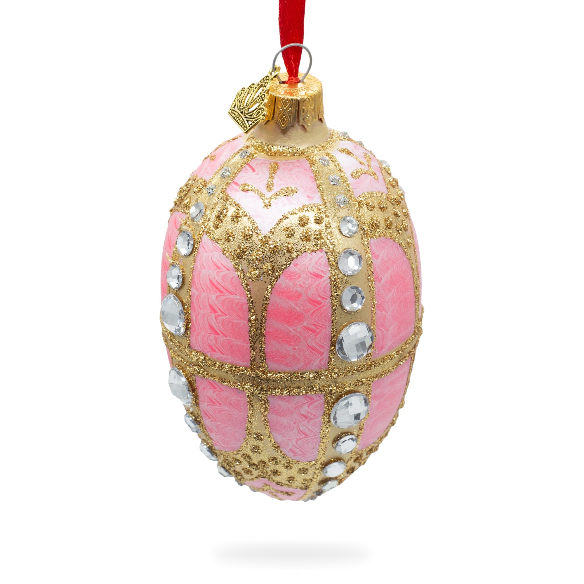 Diamonds On Gold And Pink Glass Egg Ornament 4 Inches