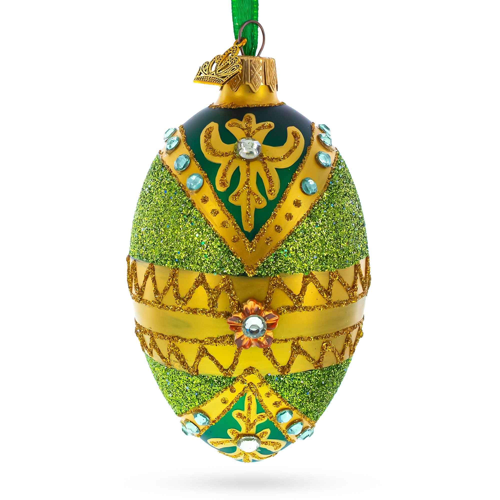 White Jewels On Glittered Green Glass Egg Ornament 4 Inches