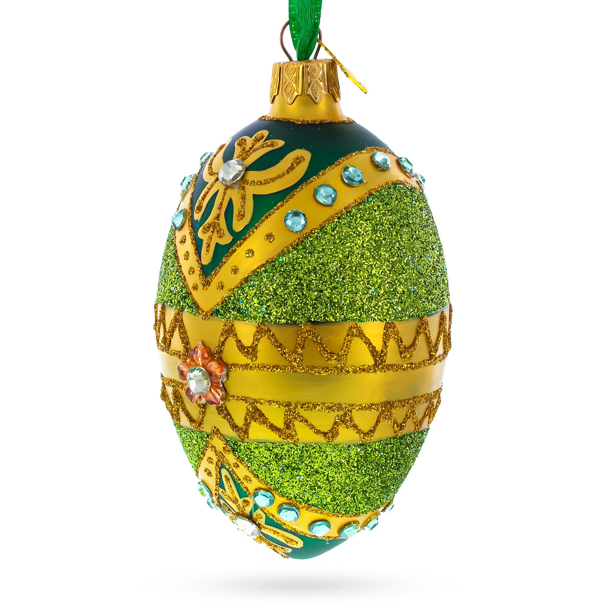 White Jewels On Glittered Green Glass Egg Ornament 4 Inches