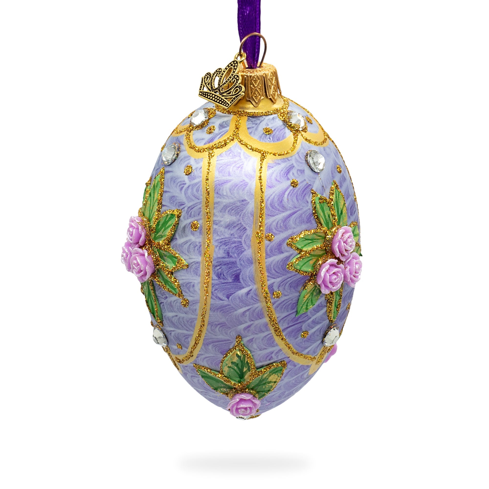 3d Roses Bouquet On Purple Glass Egg Ornament 4 Inches