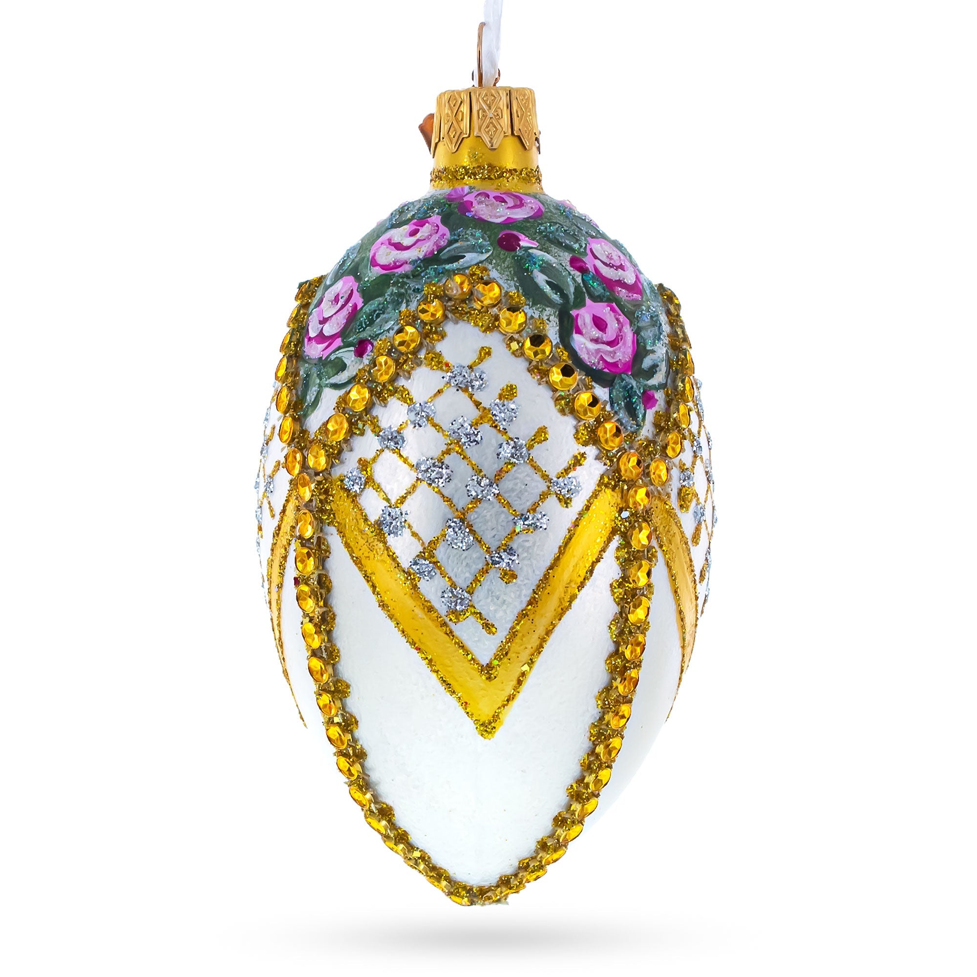 Roses On Bejeweled Rhombus Glass Egg Ornament 4 Inches