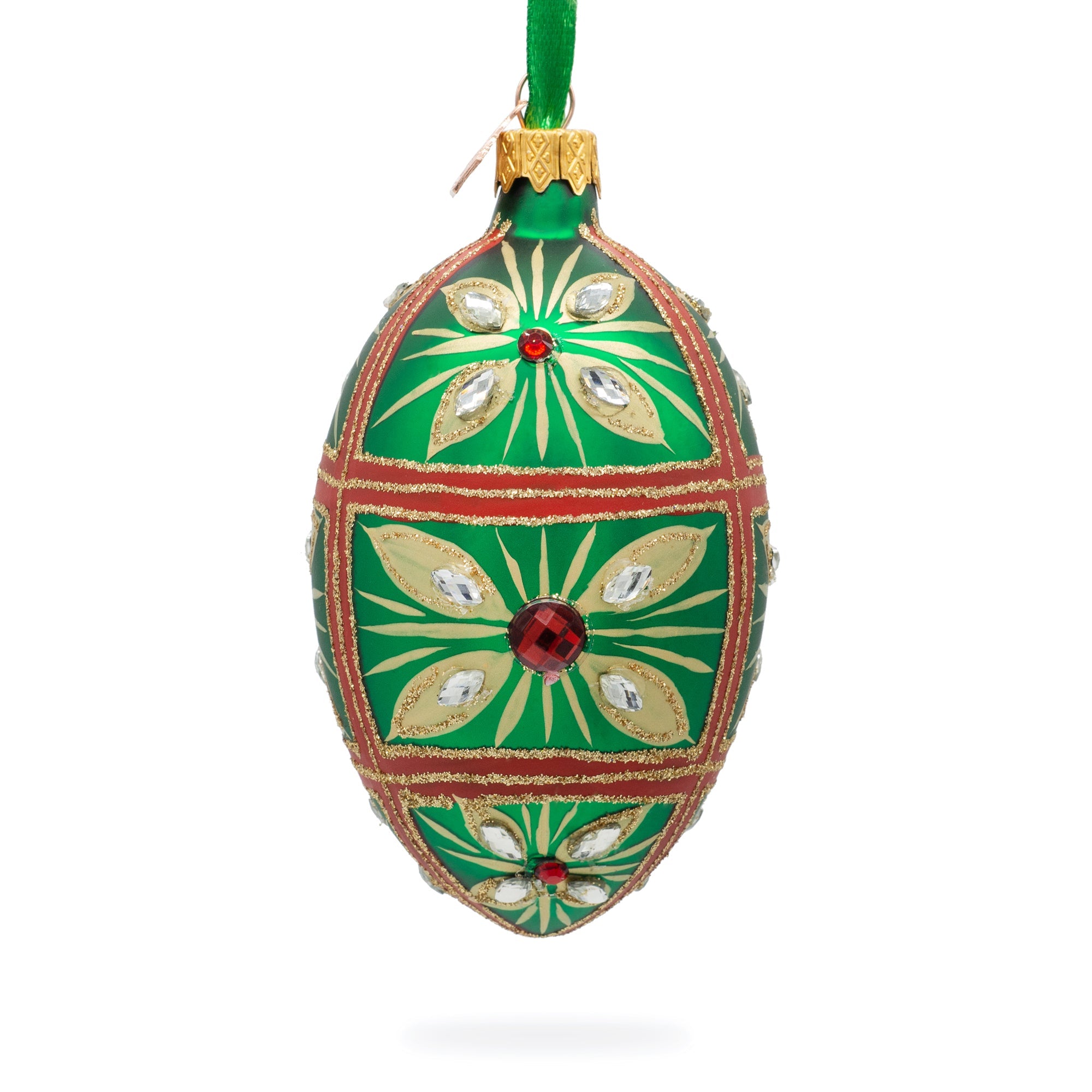 Red Jewel On Green Glass Egg Ornament 4 Inches