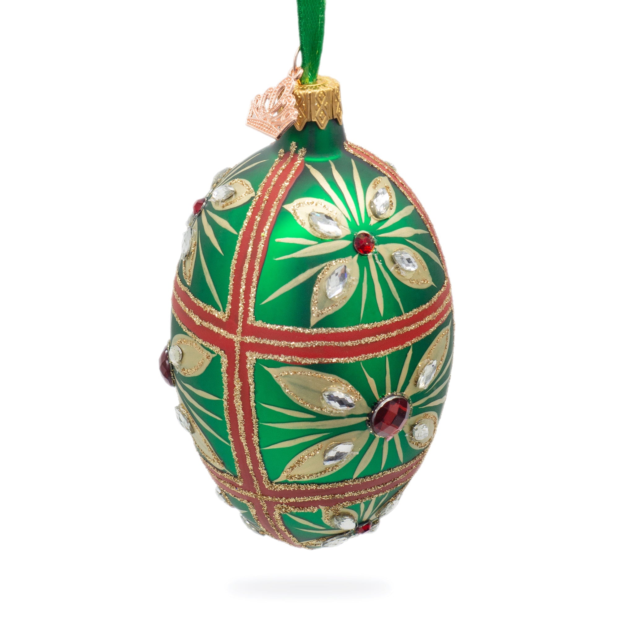 Red Jewel On Green Glass Egg Ornament 4 Inches