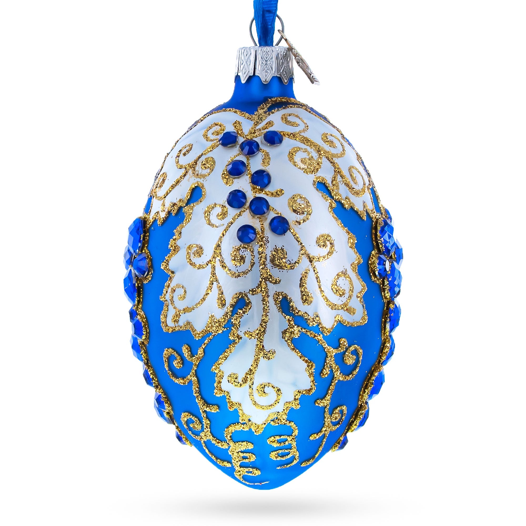 Blue Grapes On White Glass Egg Ornament 4 Inches