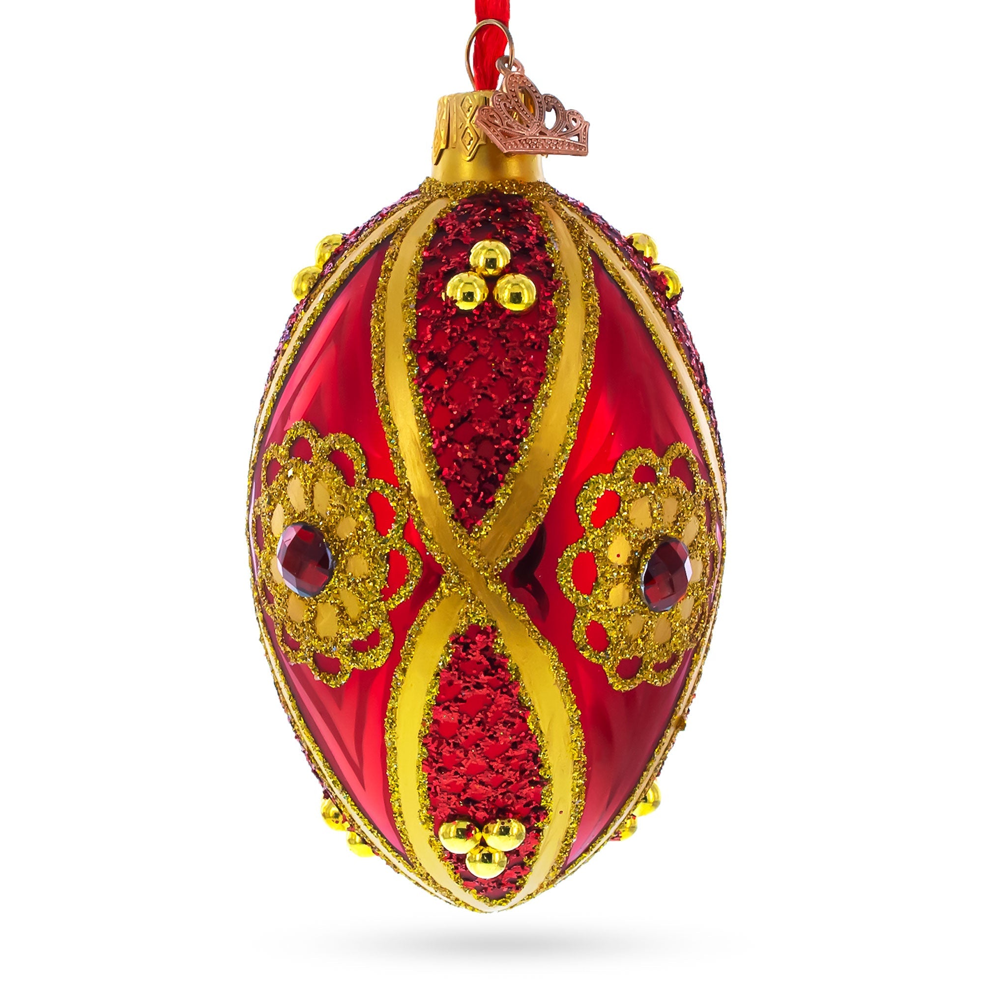 Red Jewel On Red Glass Egg Ornament 4 Inches