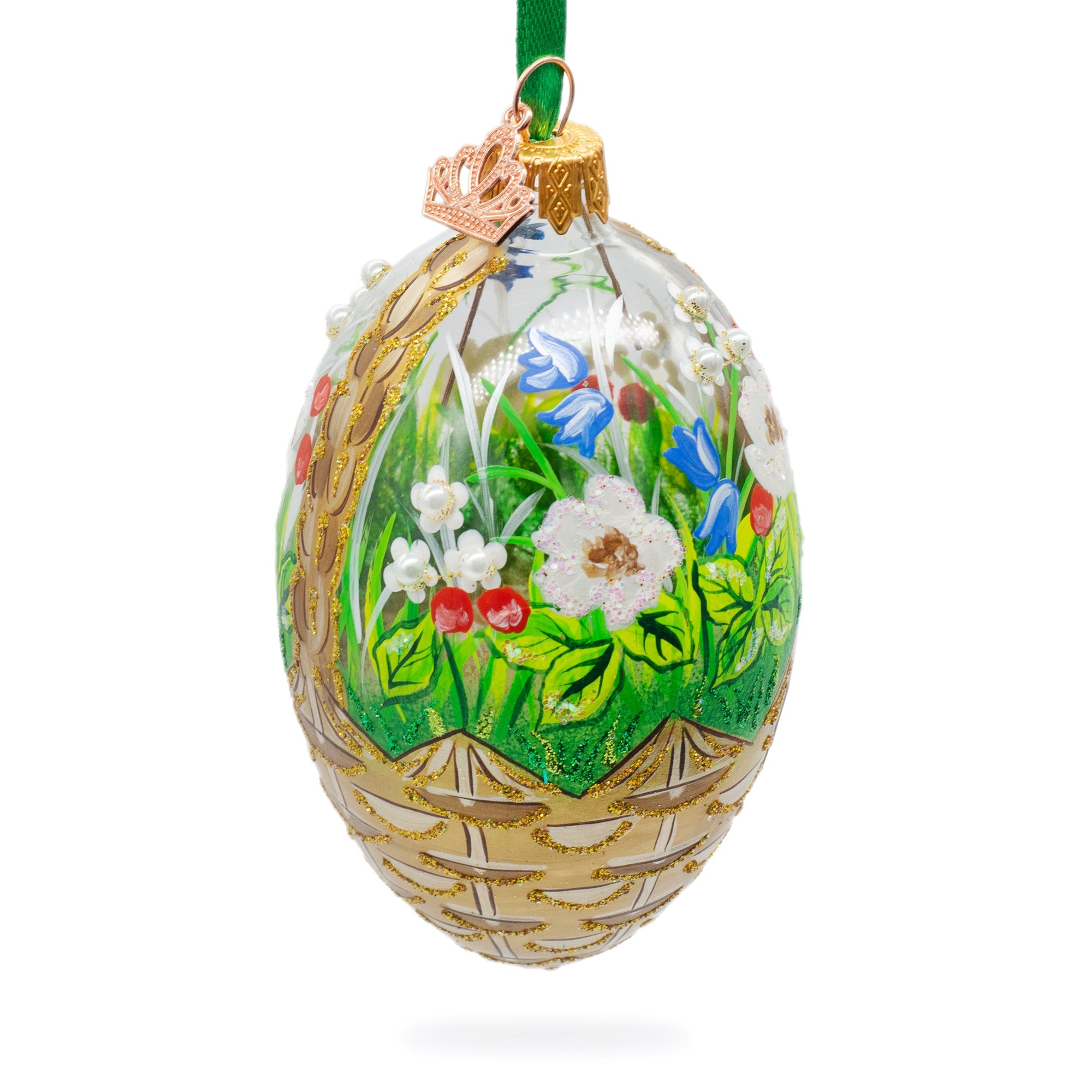 Summer Flowers Basket Glass Egg Ornament 4 Inches