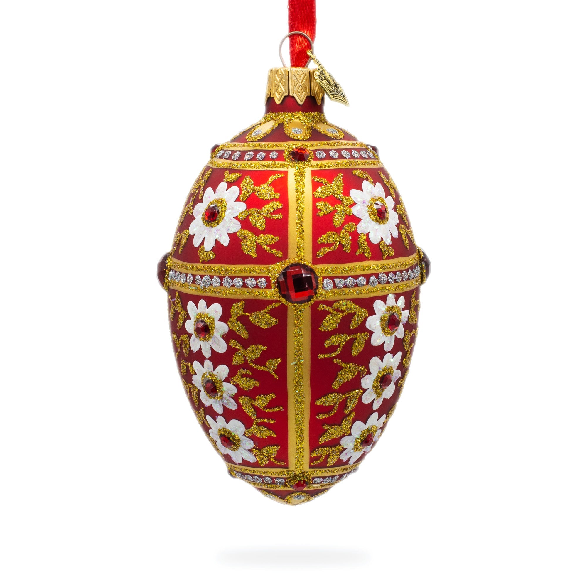 White Flowers On Red And Gold Glass Egg Ornament 4 Inches