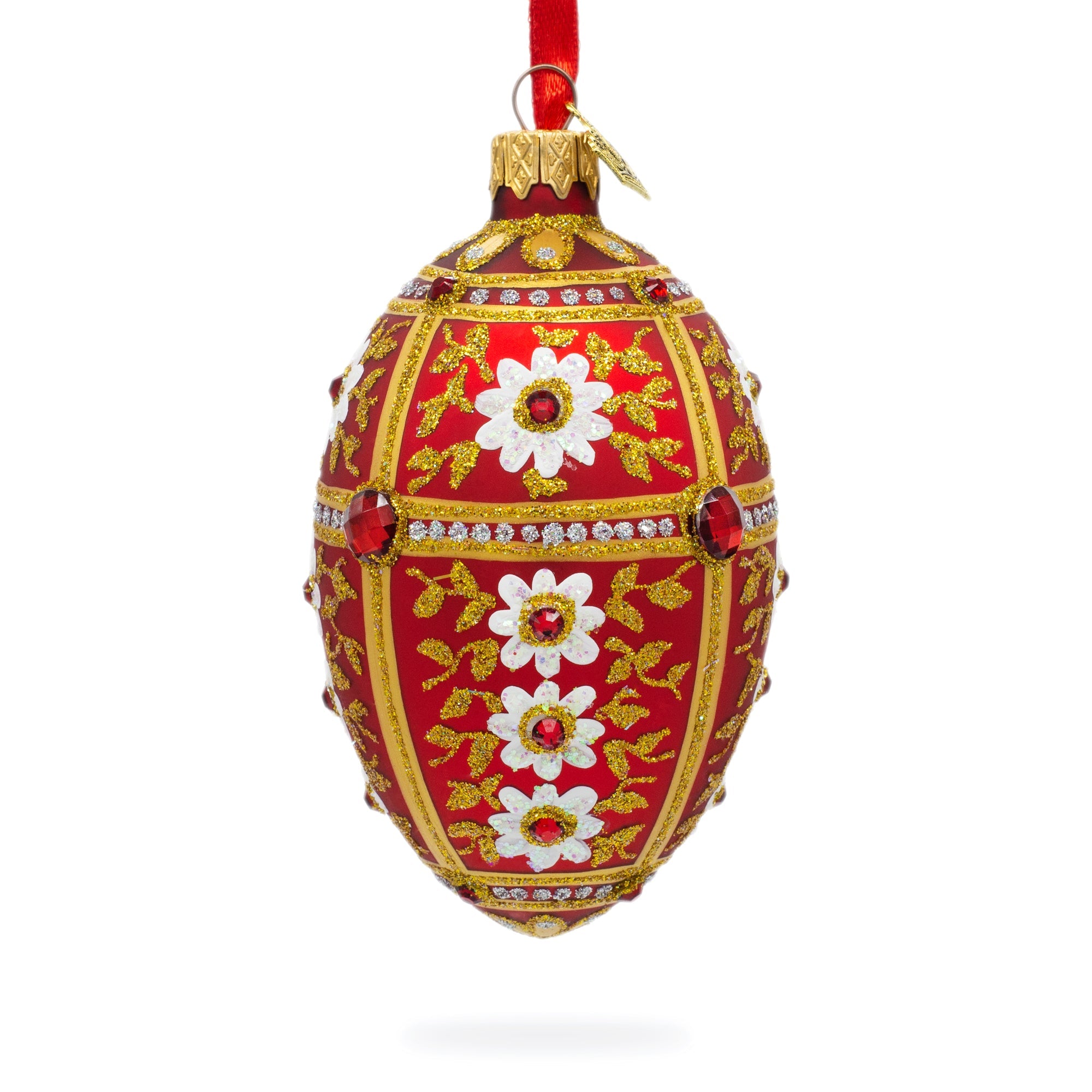 White Flowers On Red And Gold Glass Egg Ornament 4 Inches