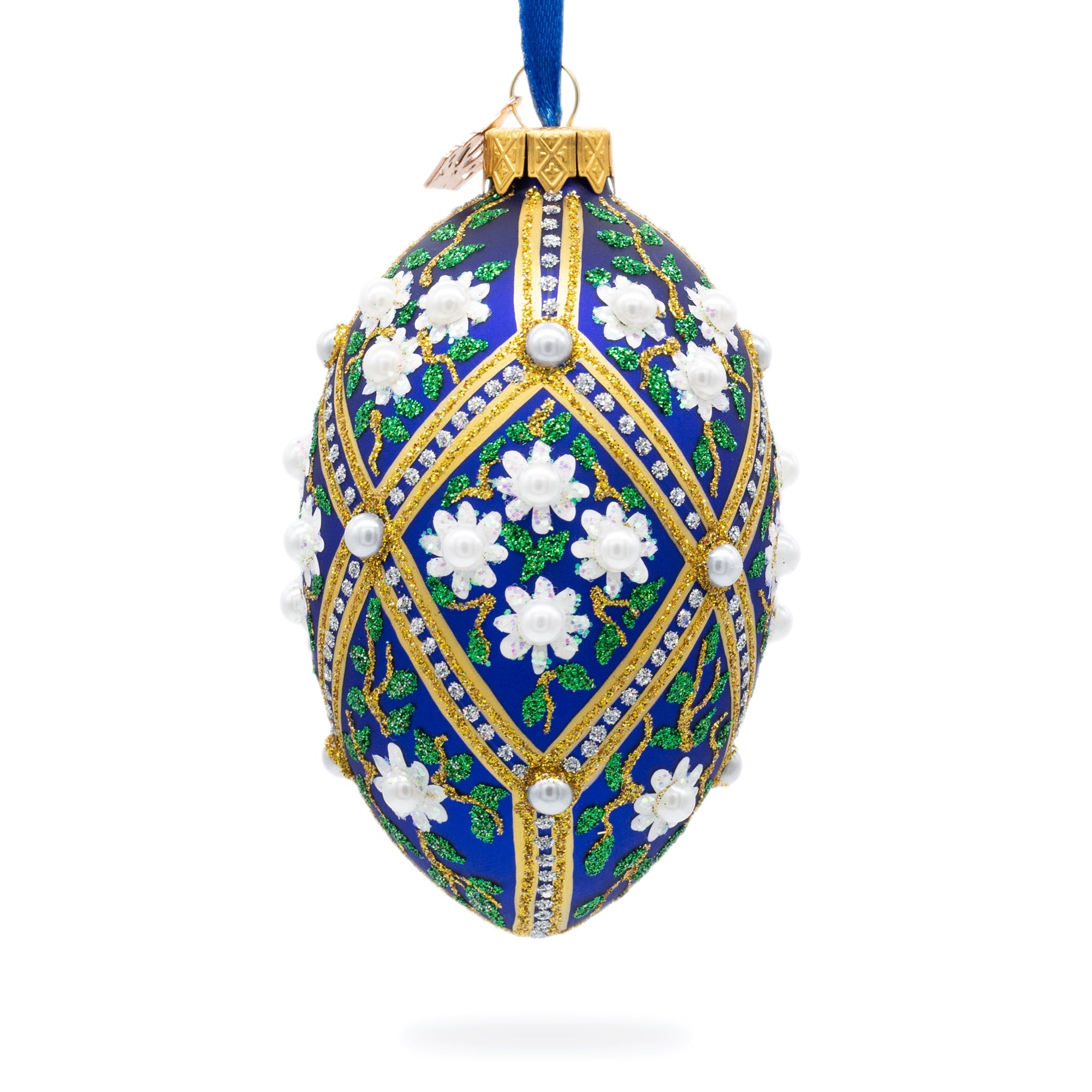 White Flowers On Blue Glass Egg Ornament 4 Inches