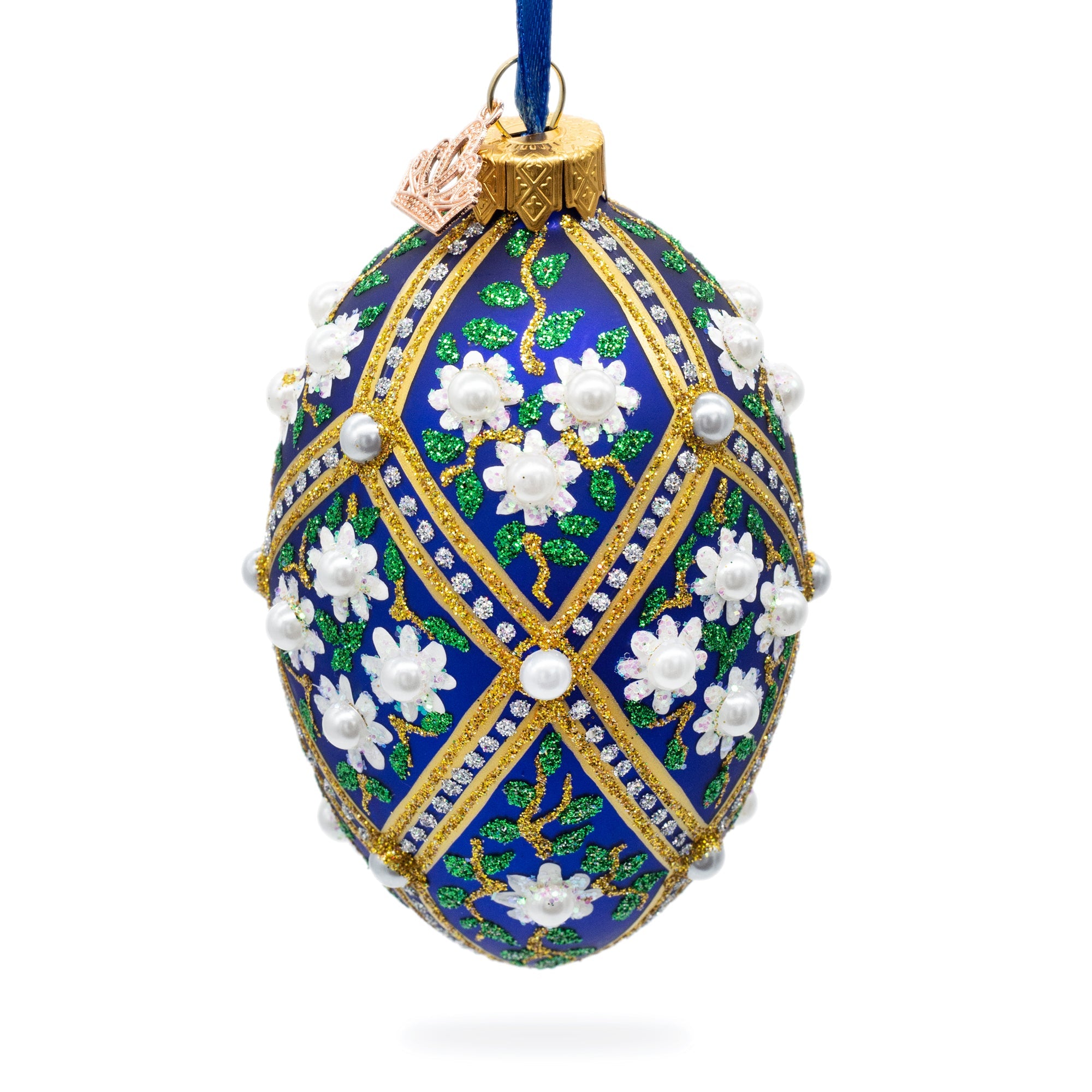 White Flowers On Blue Glass Egg Ornament 4 Inches