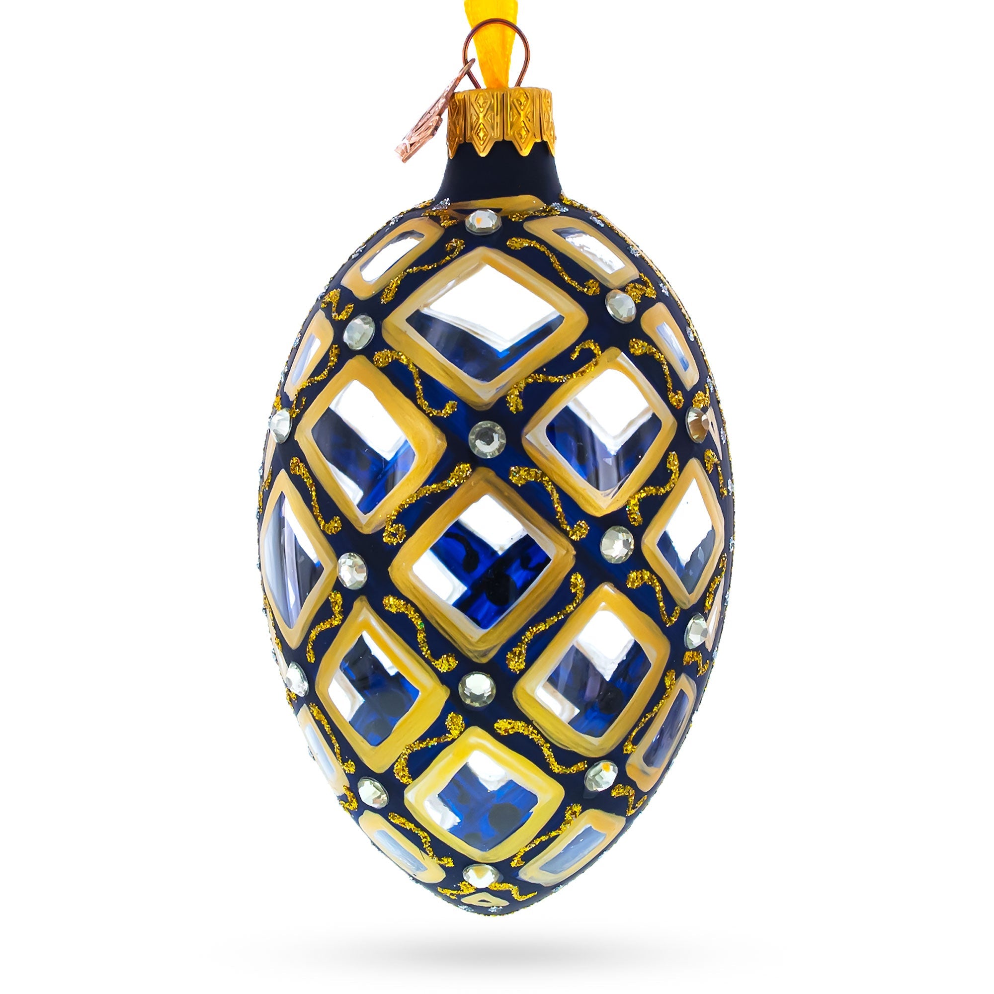 Mosaic Pattern On Blue Glass Egg Ornament 4 Inches