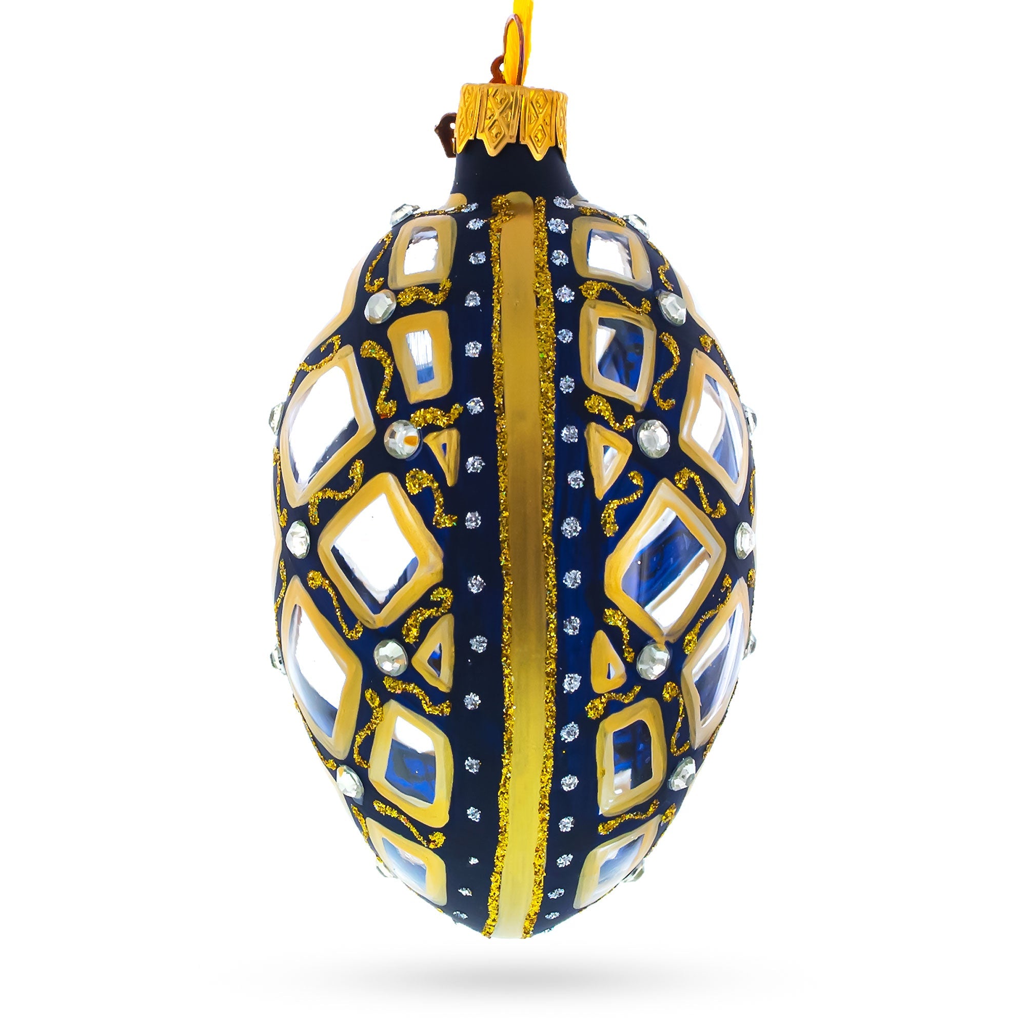 Mosaic Pattern On Blue Glass Egg Ornament 4 Inches