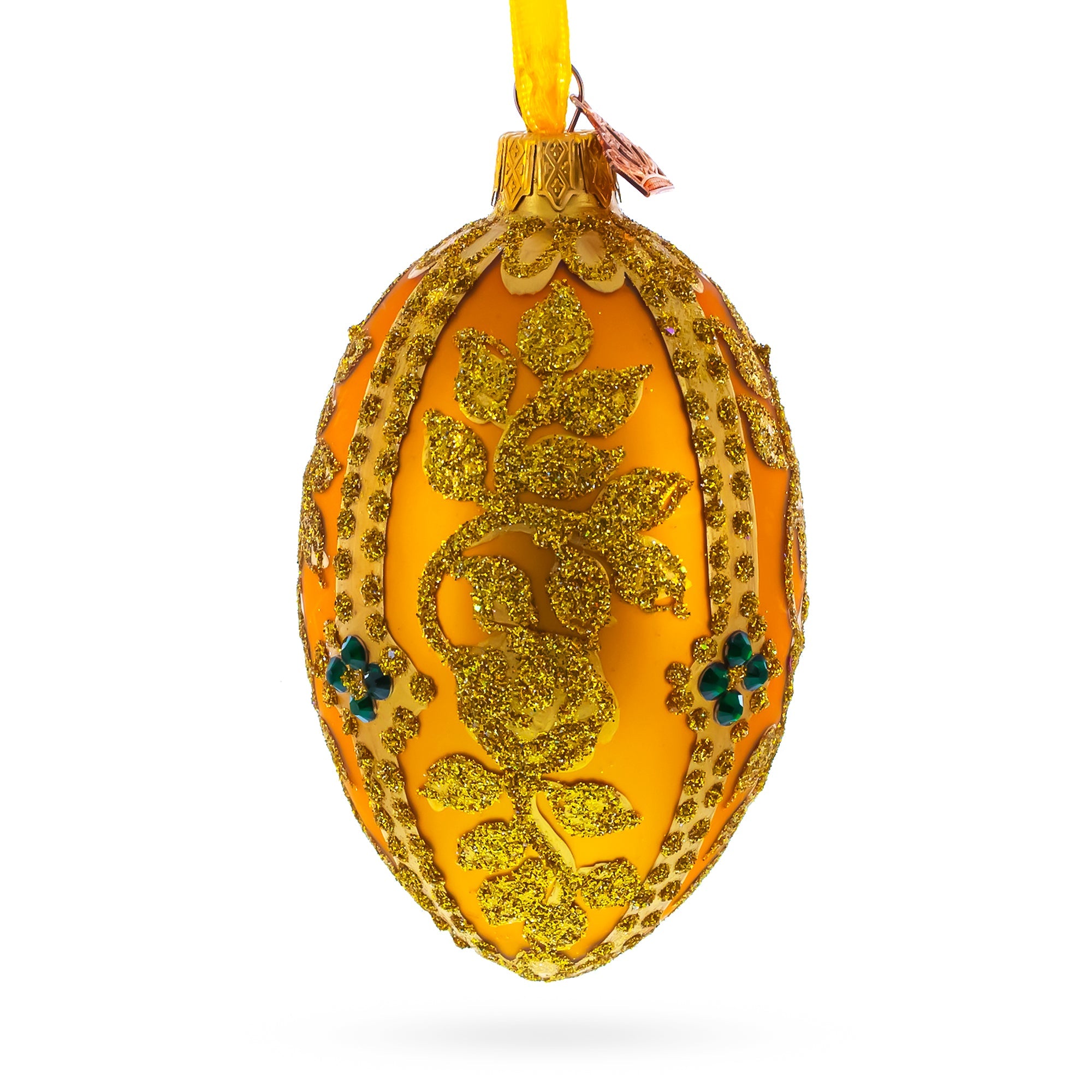 Glittered Golden Leaves On Orange Glass Egg Ornament 4 Inches