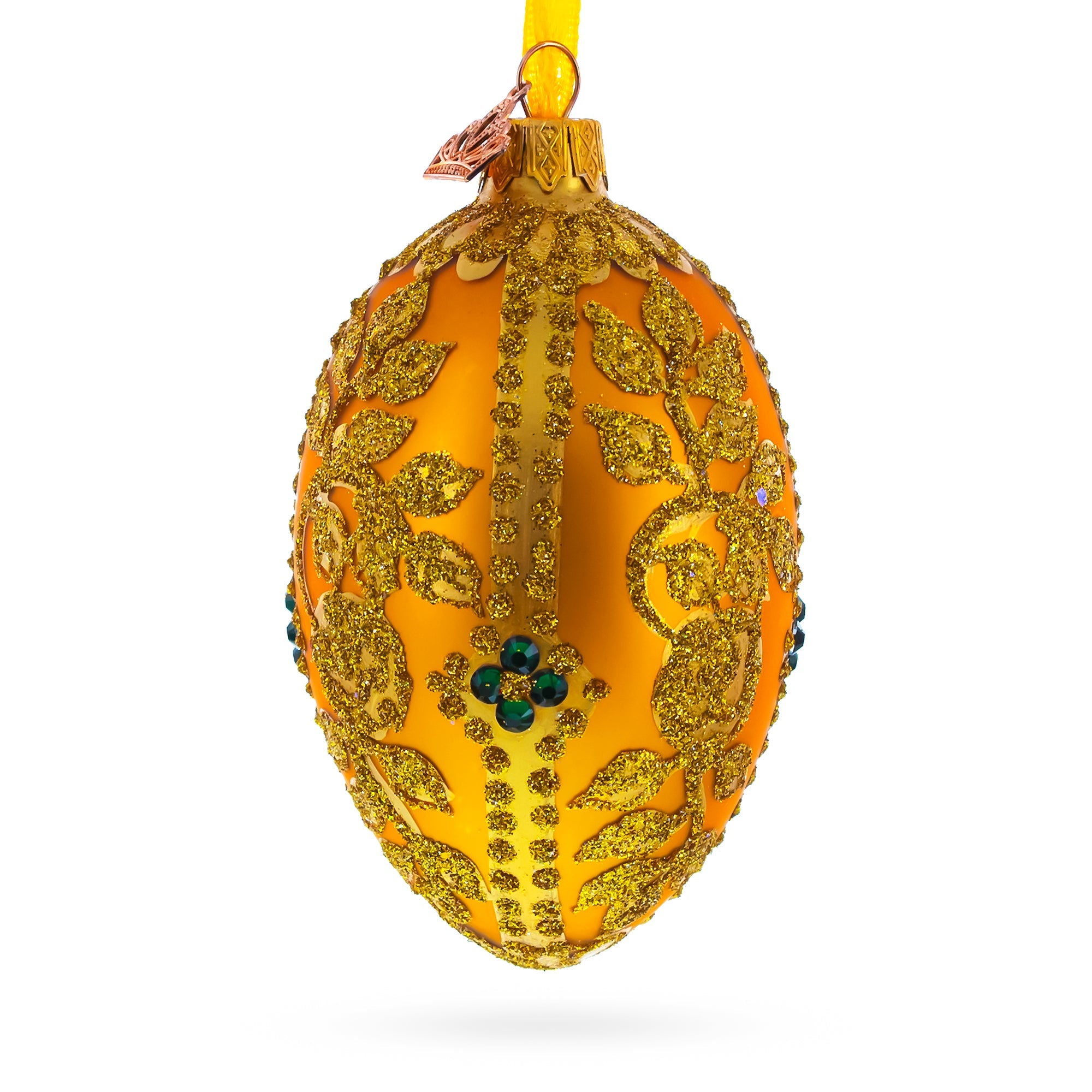 Glittered Golden Leaves On Orange Glass Egg Ornament 4 Inches