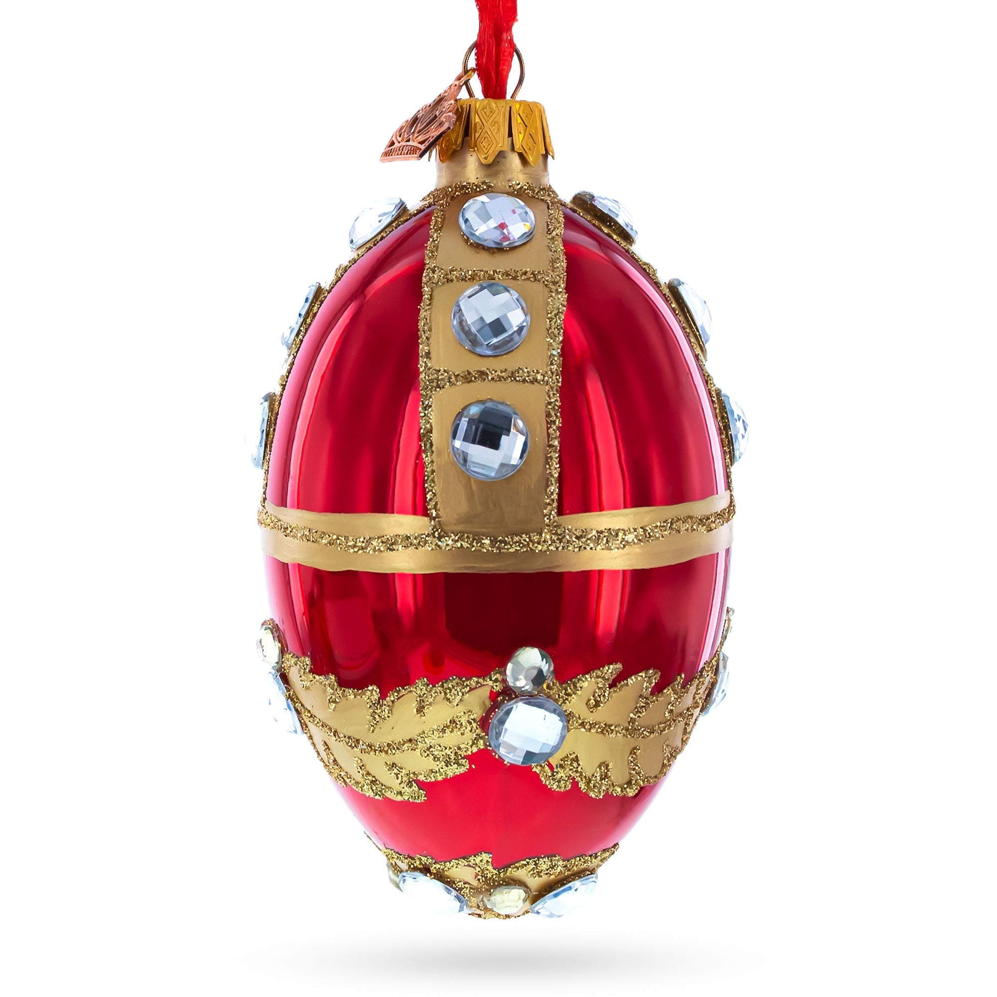 Diamonds On Red Glass Egg Ornament 4 Inches