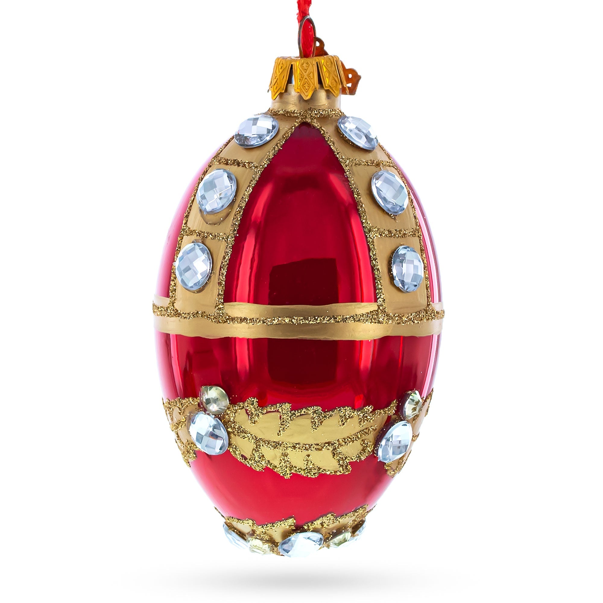 Diamonds On Red Glass Egg Ornament 4 Inches