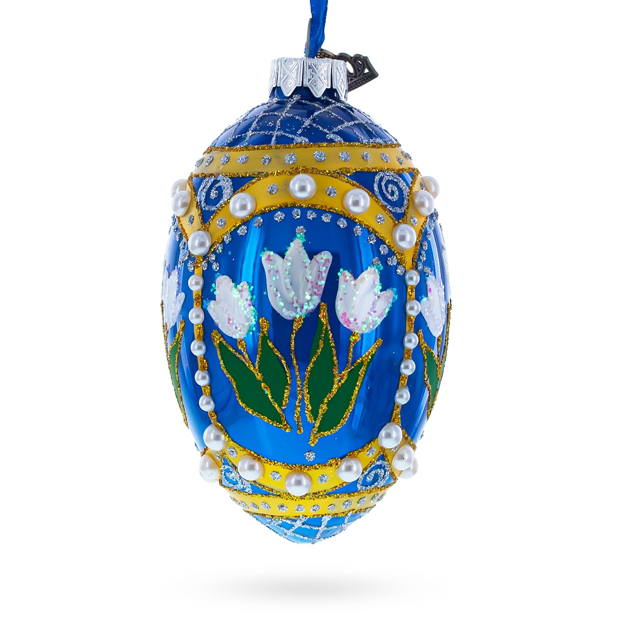 White Flowers And Pearls On Blue Glass Egg Ornament 4 Inches