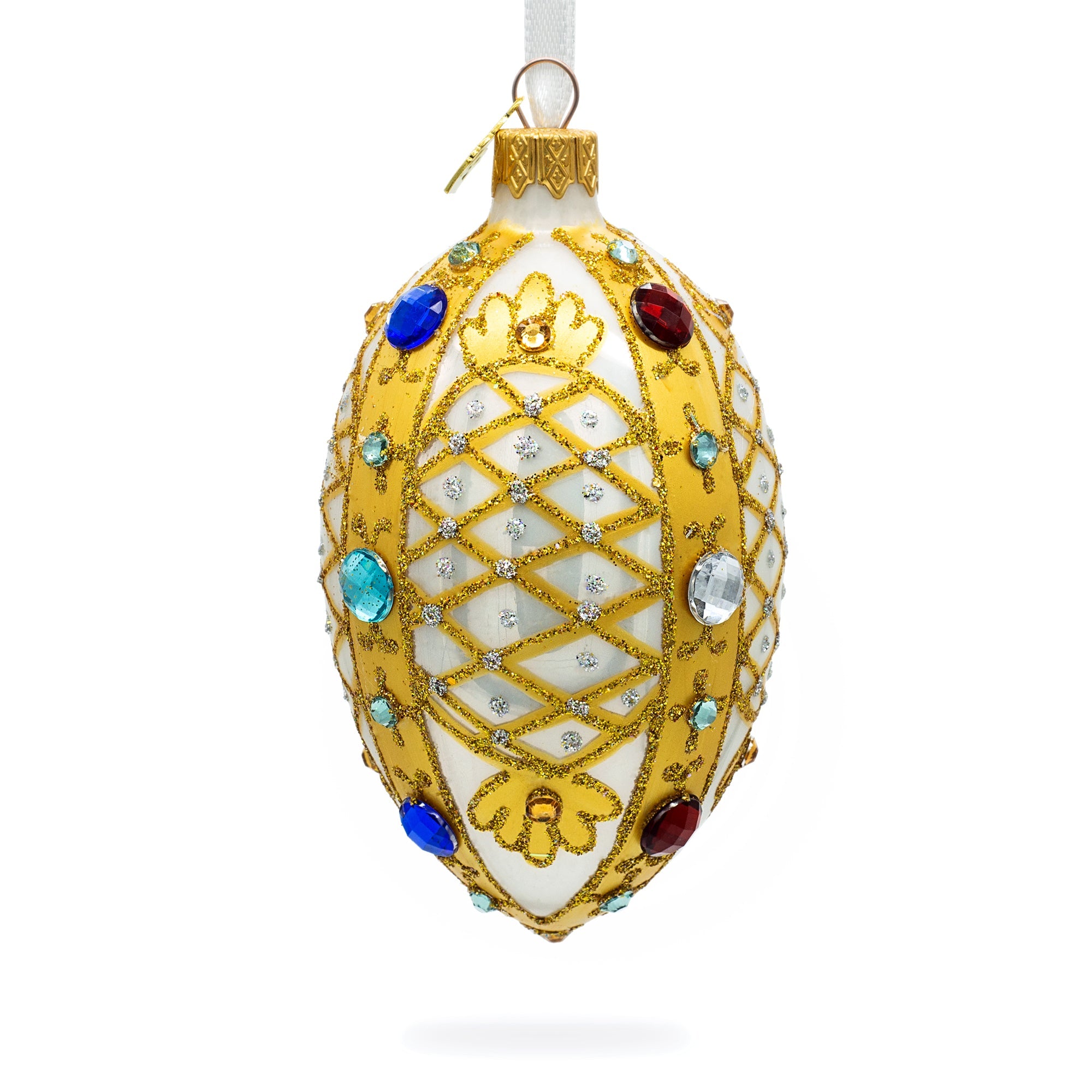 Multicolored Jewels On White Glass Egg Ornament 4 Inches