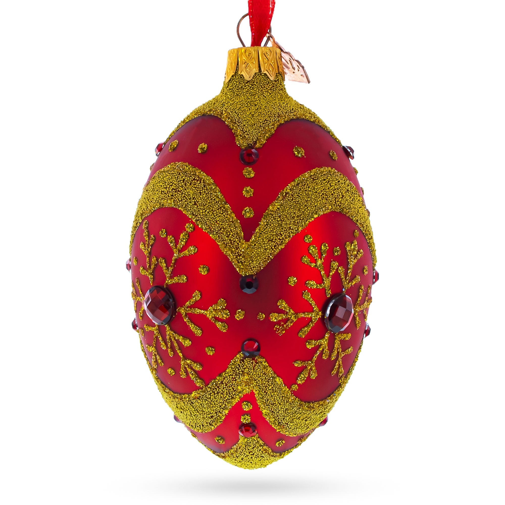 Golden Snowflake On Red Glass Egg Ornament 4 Inches