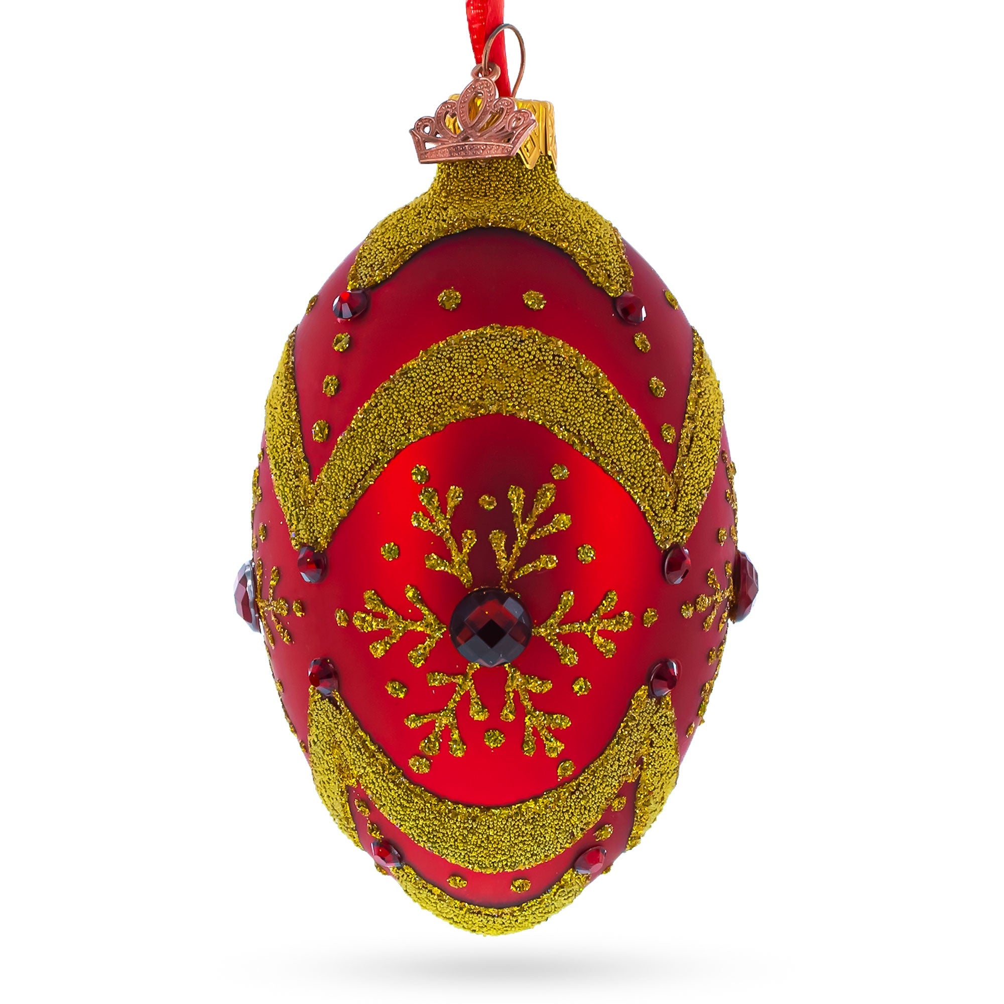 Golden Snowflake On Red Glass Egg Ornament 4 Inches