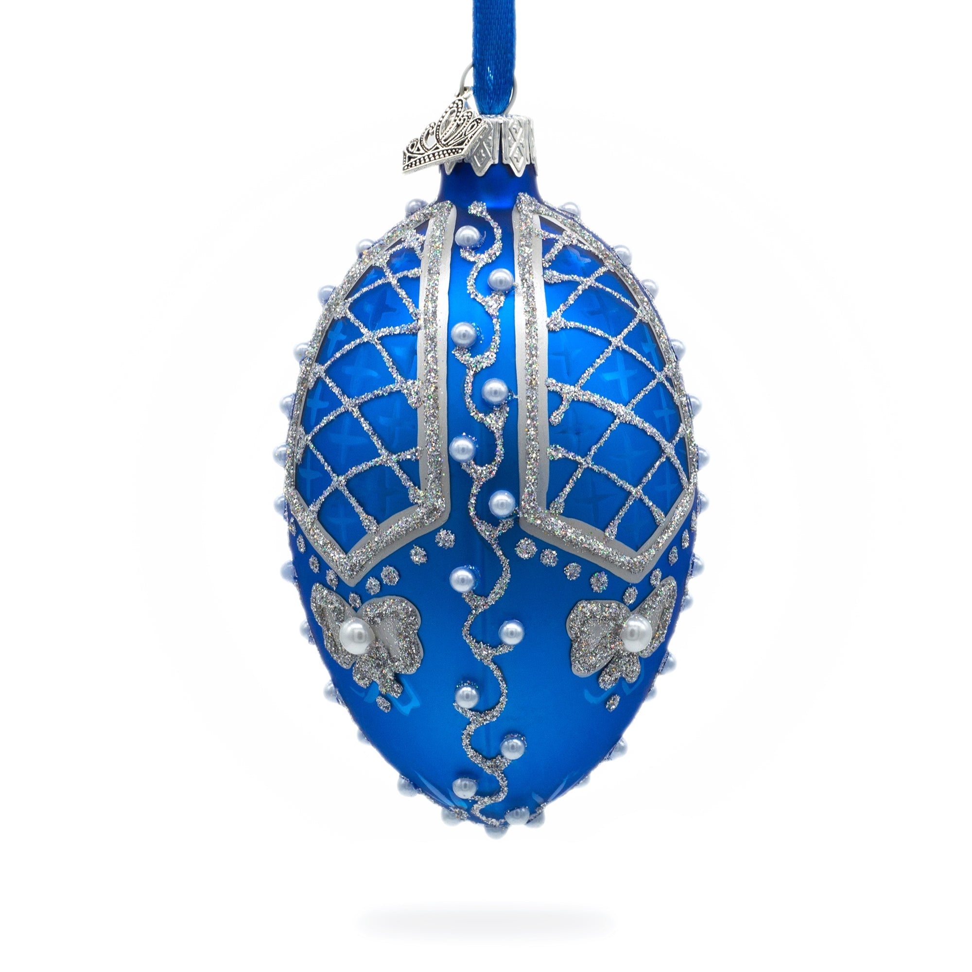 Pearls On Blue Glass Egg Ornament 4 Inches