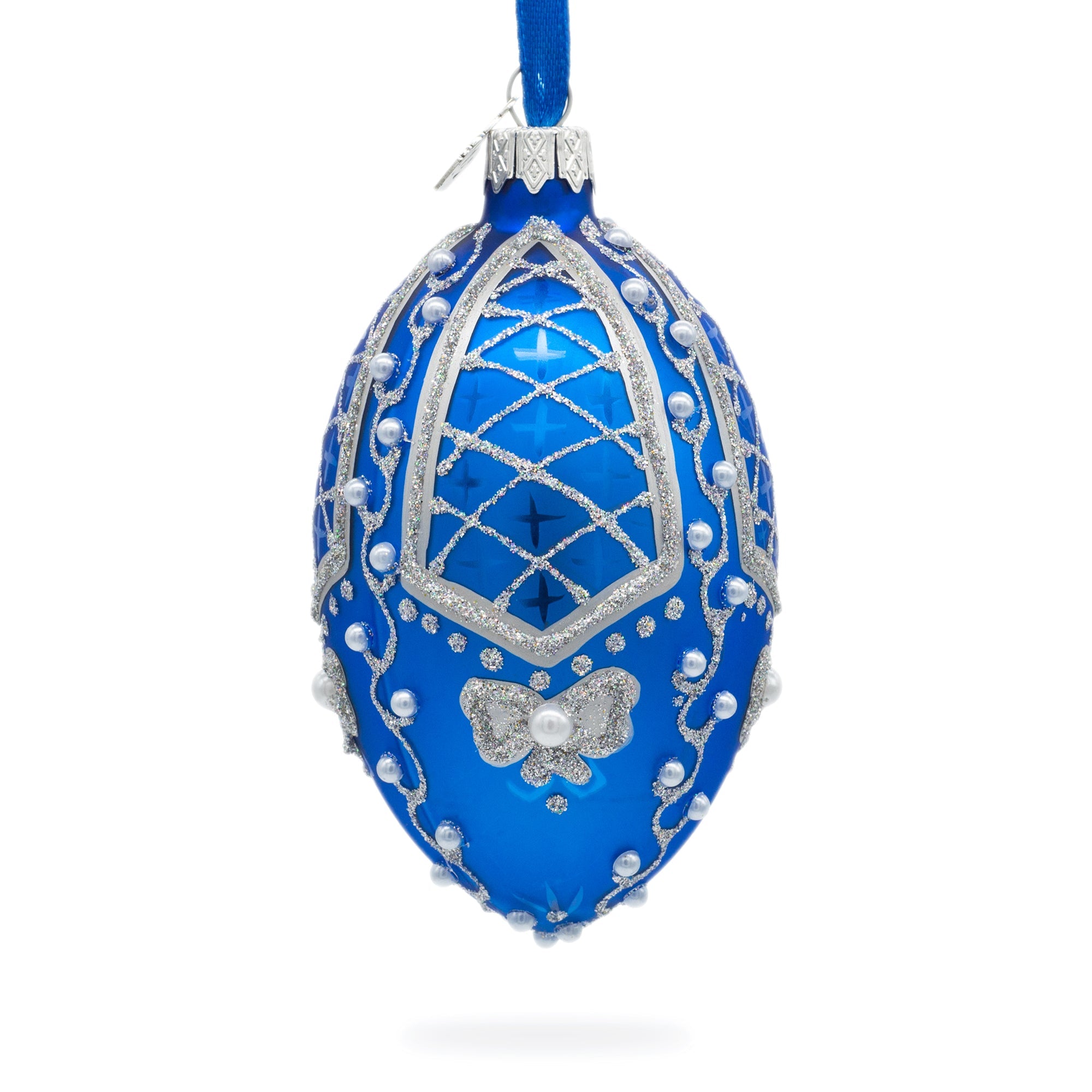 Pearls On Blue Glass Egg Ornament 4 Inches