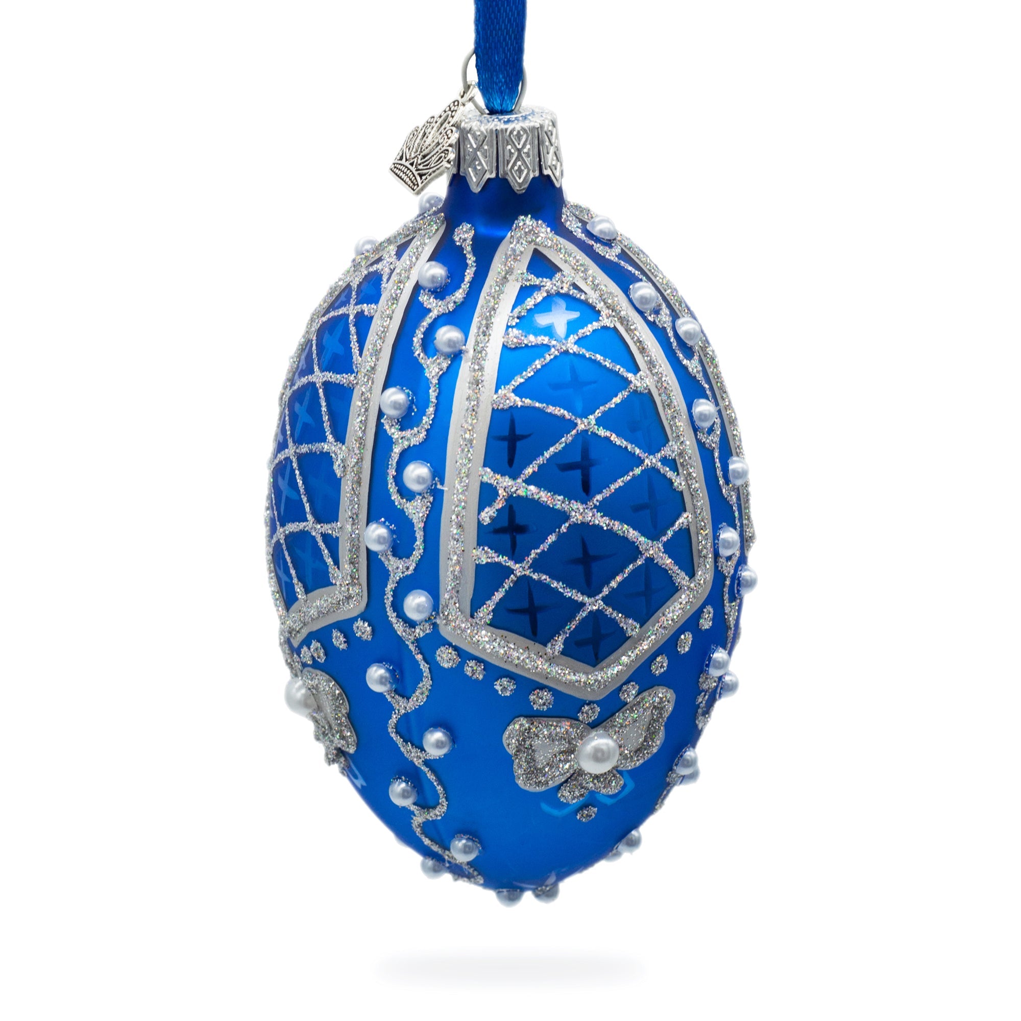 Pearls On Blue Glass Egg Ornament 4 Inches