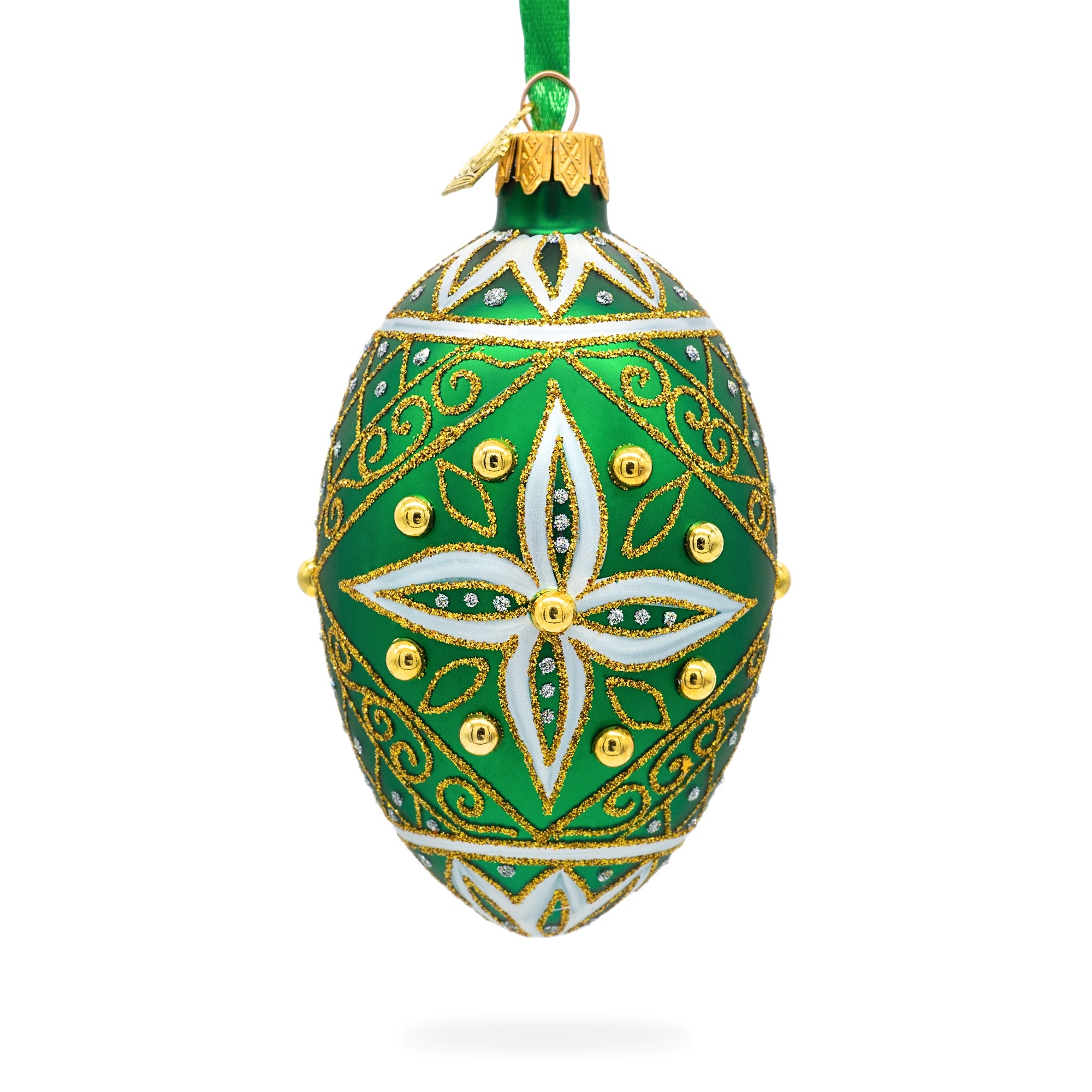 Jeweled White Star On Green Glass Egg Ornament 4 Inches