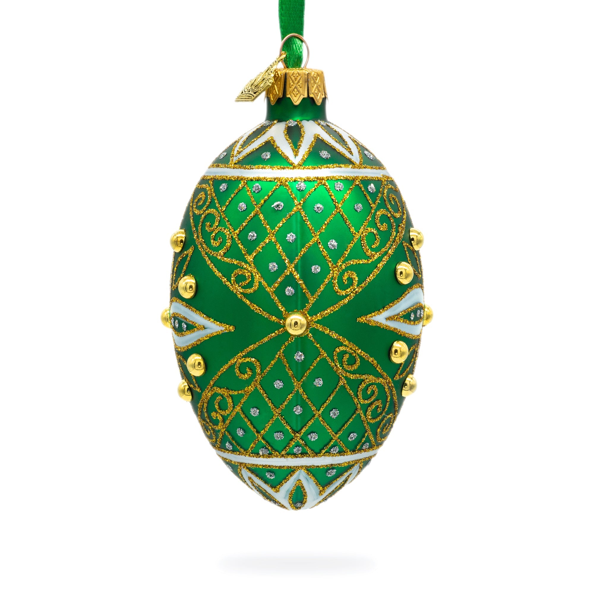 Jeweled White Star On Green Glass Egg Ornament 4 Inches