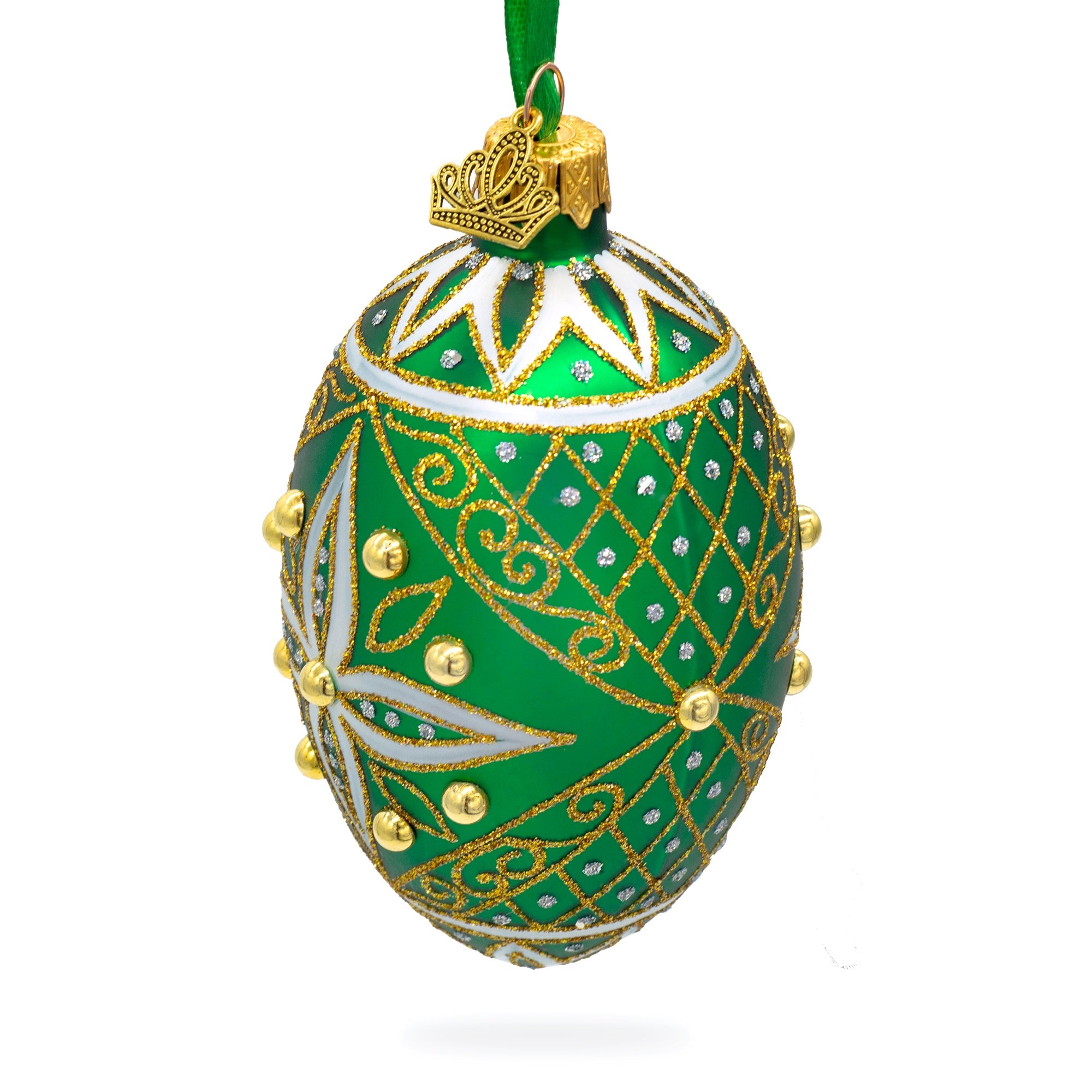 Jeweled White Star On Green Glass Egg Ornament 4 Inches