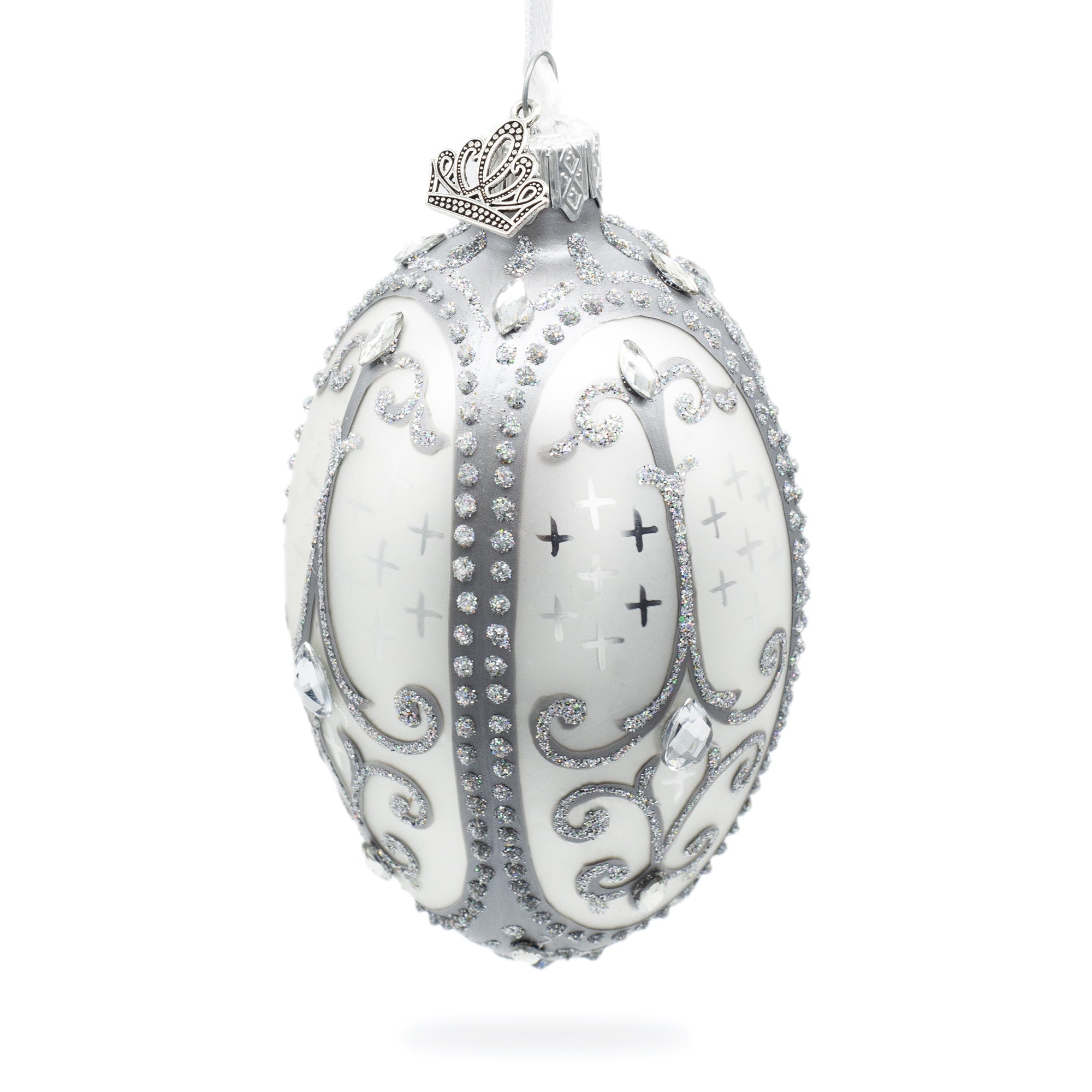 Silver Scrolls On White Glass Egg Ornament 4 Inches