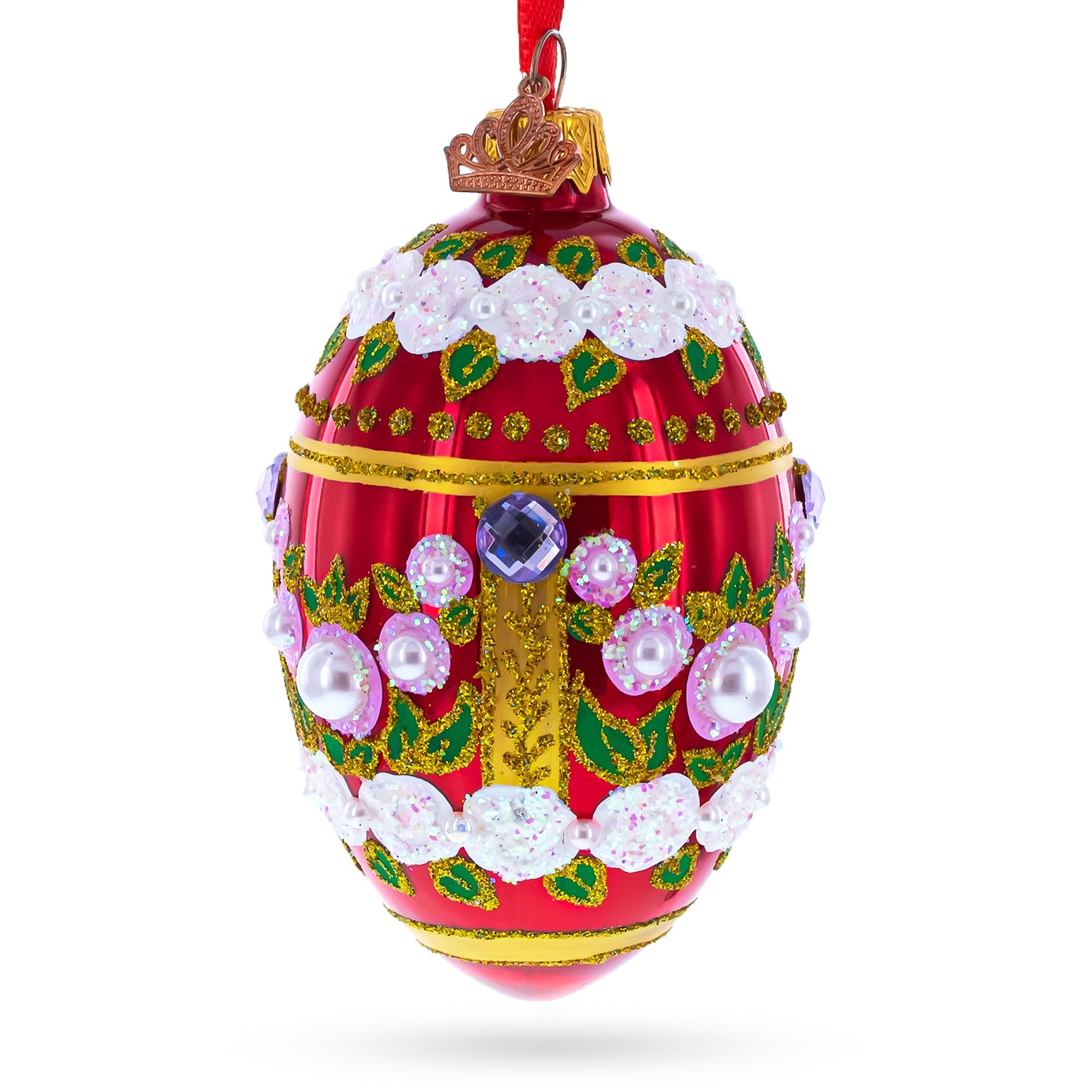 Pearl Flowers On Glossy Red Glass Egg Ornament 4 Inches