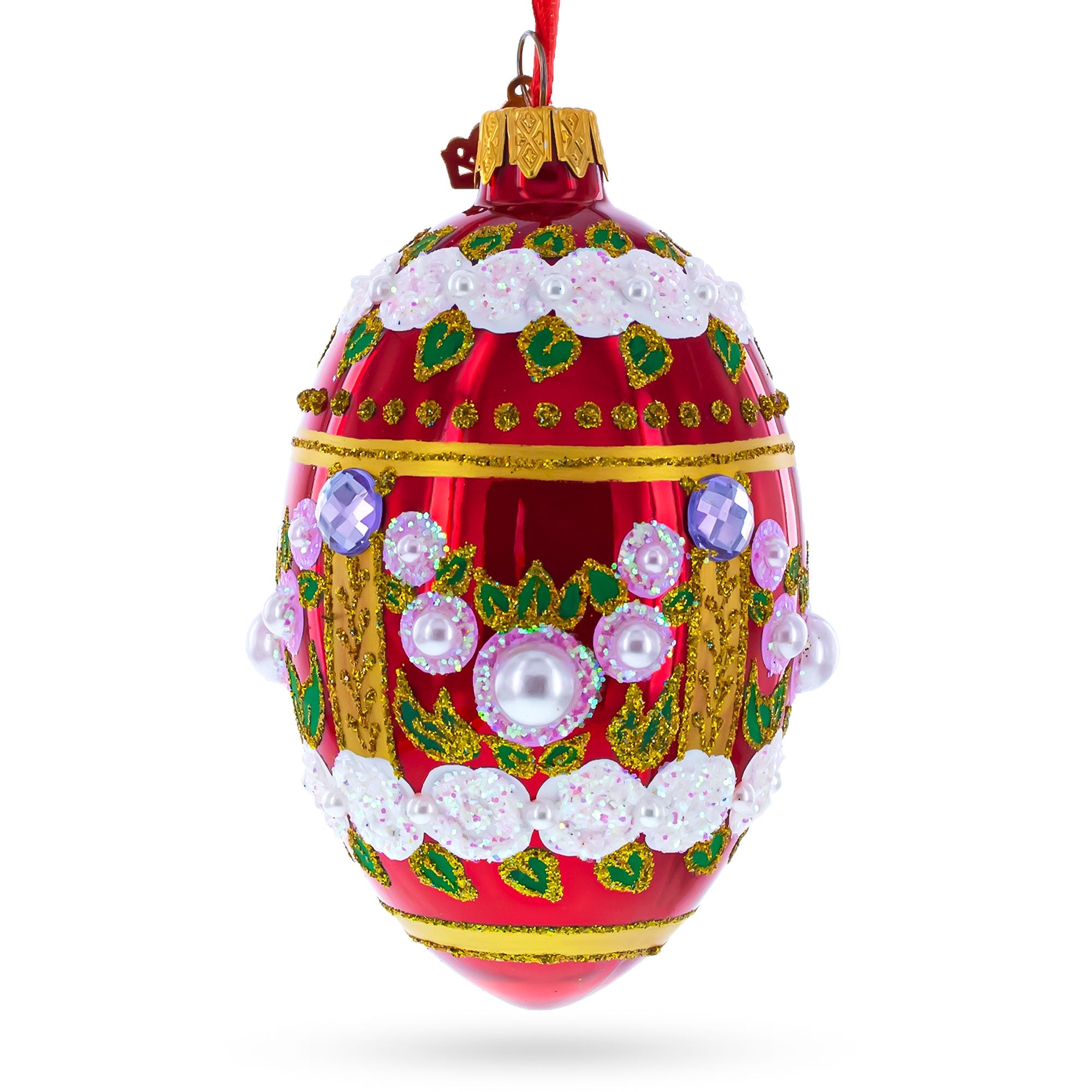 Pearl Flowers On Glossy Red Glass Egg Ornament 4 Inches