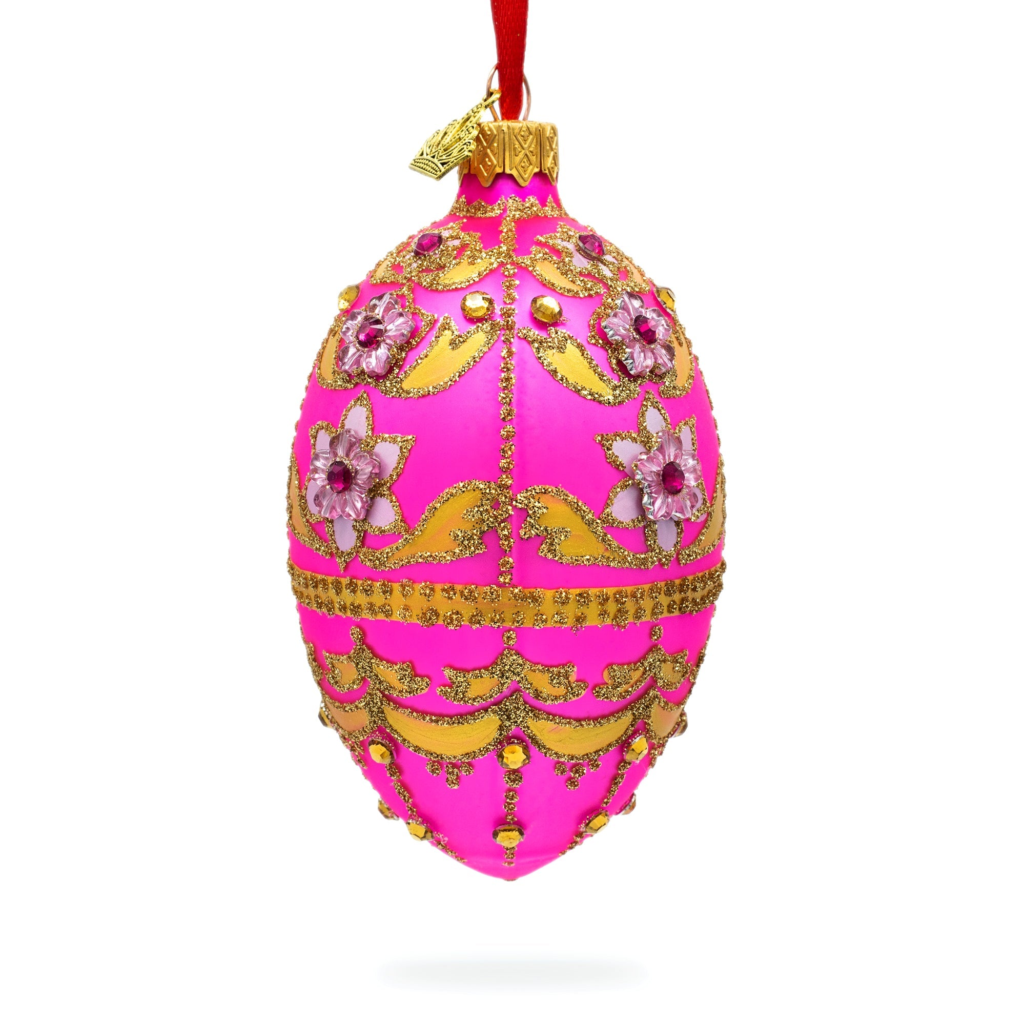 Jeweled Flowers On Pink Glass Egg Ornament 4 Inches