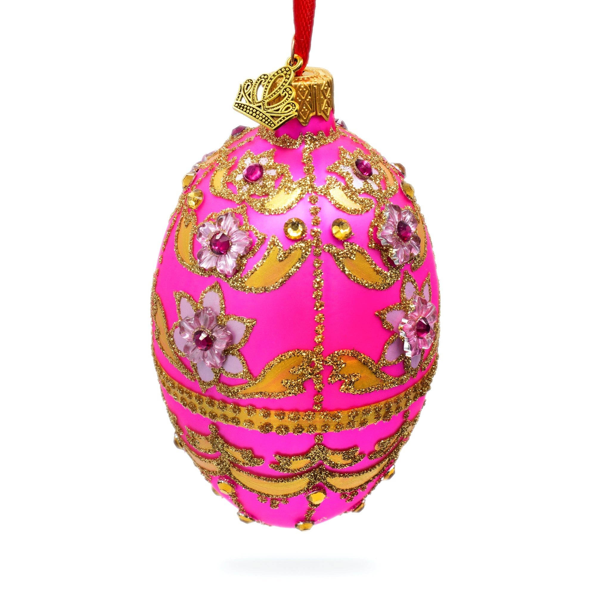 Jeweled Flowers On Pink Glass Egg Ornament 4 Inches