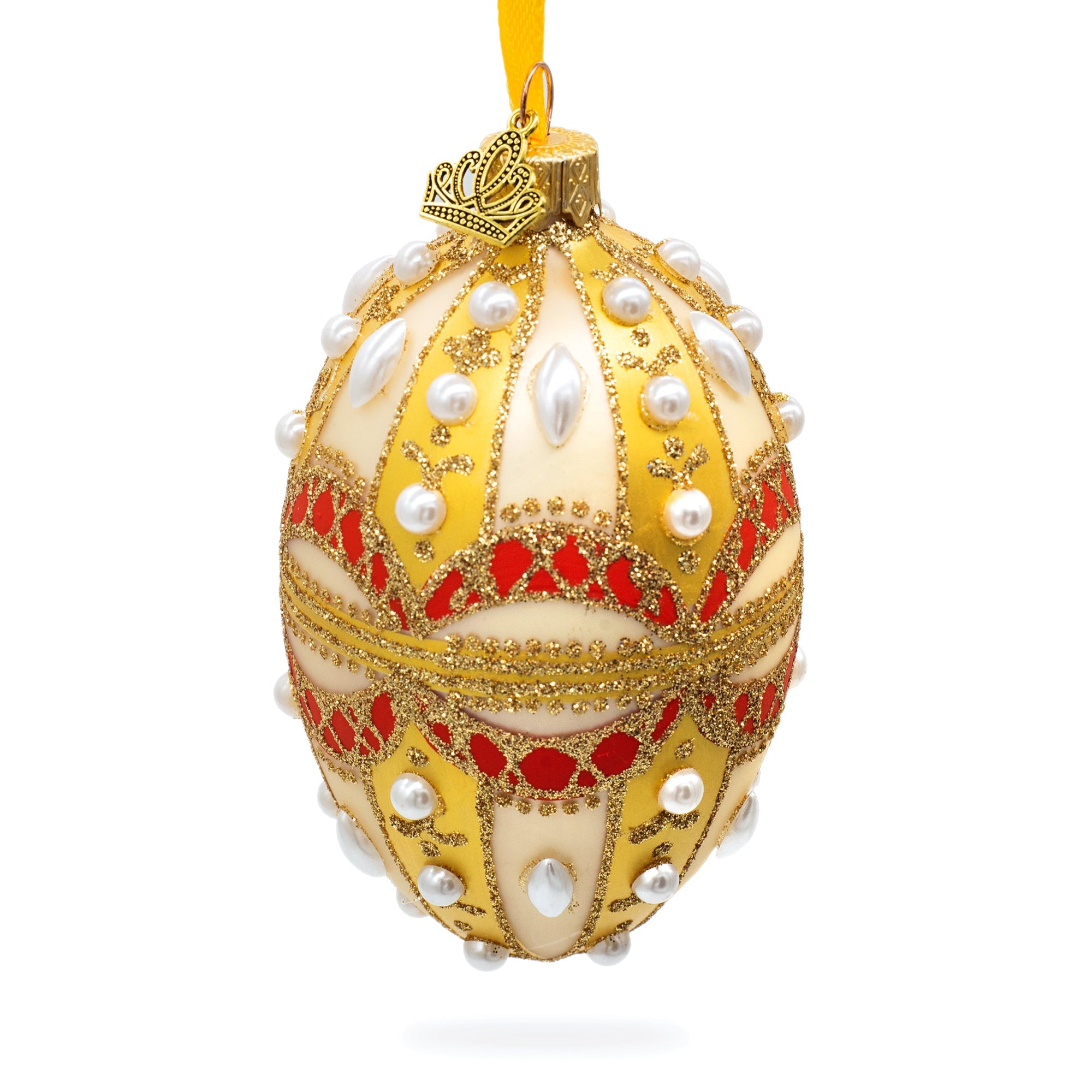 Pearls On Gold And White Glass Egg Ornament 4 Inches