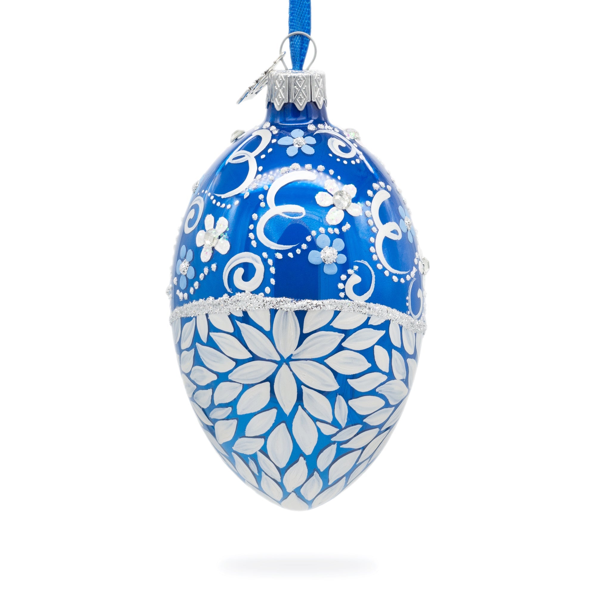 White Pearled Flowers On Glossy Blue Glass Egg Ornament 4 Inches